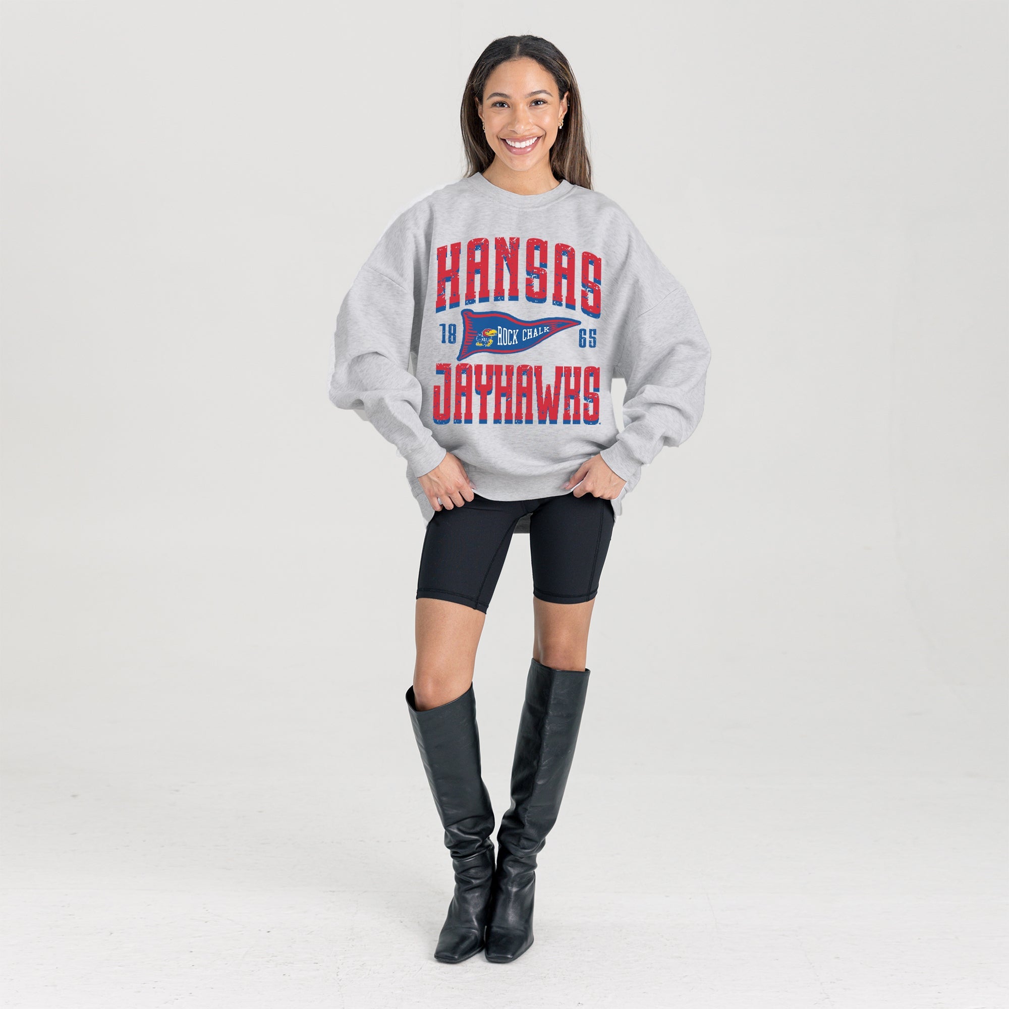 KANSAS JAYHAWKS PENNANT PRIDE PREMIUM FLEECE DROP SHOULDER CREWNECK PULLOVER