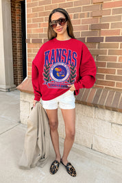 KANSAS JAYHAWKS CLASSIC ARCHIVES PREMIUM DROP SHOULDER FLEECE CREWNECK PULLOVER