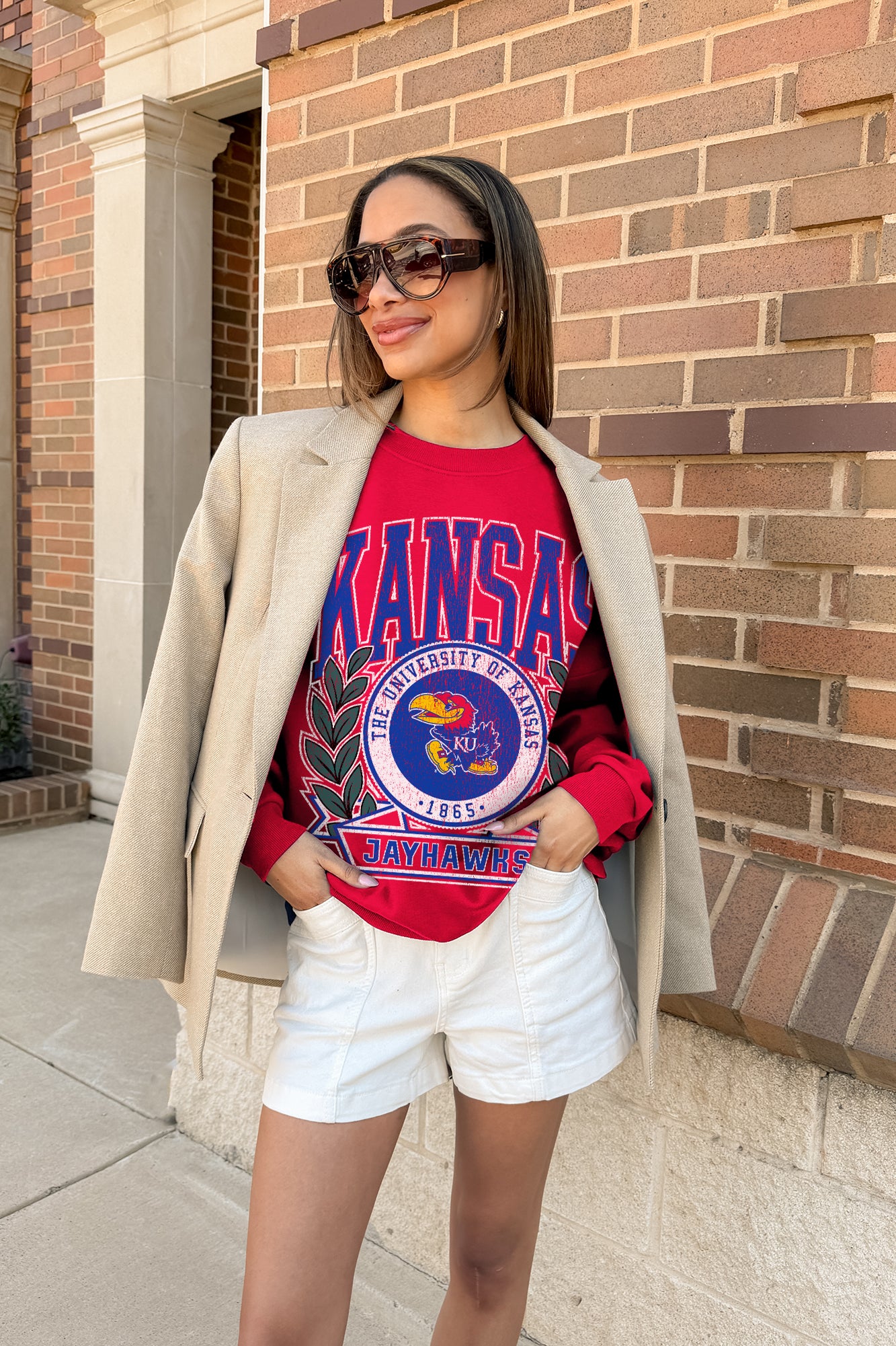 KANSAS JAYHAWKS CLASSIC ARCHIVES PREMIUM DROP SHOULDER FLEECE CREWNECK PULLOVER
