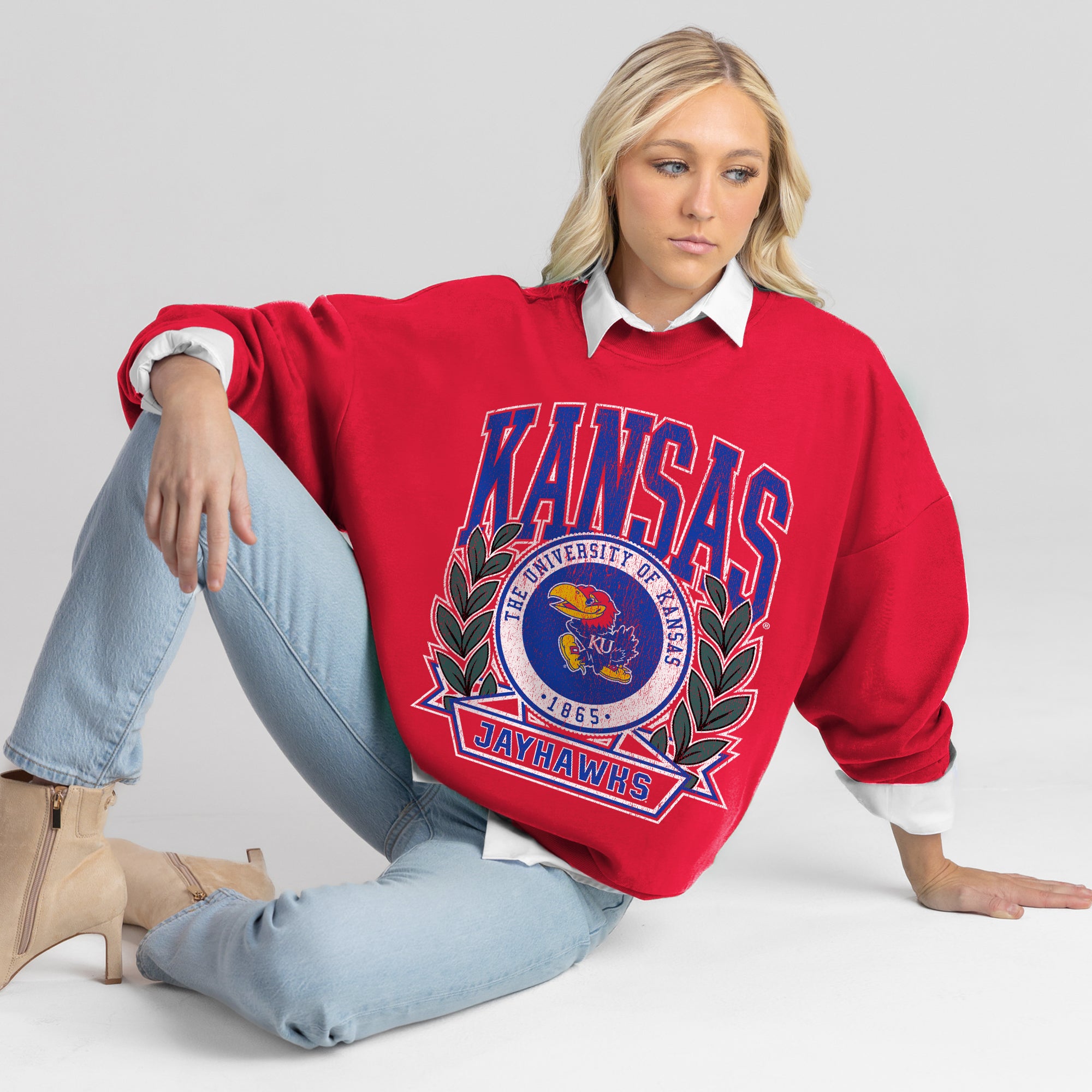 KANSAS JAYHAWKS CLASSIC ARCHIVES PREMIUM DROP SHOULDER FLEECE CREWNECK PULLOVER