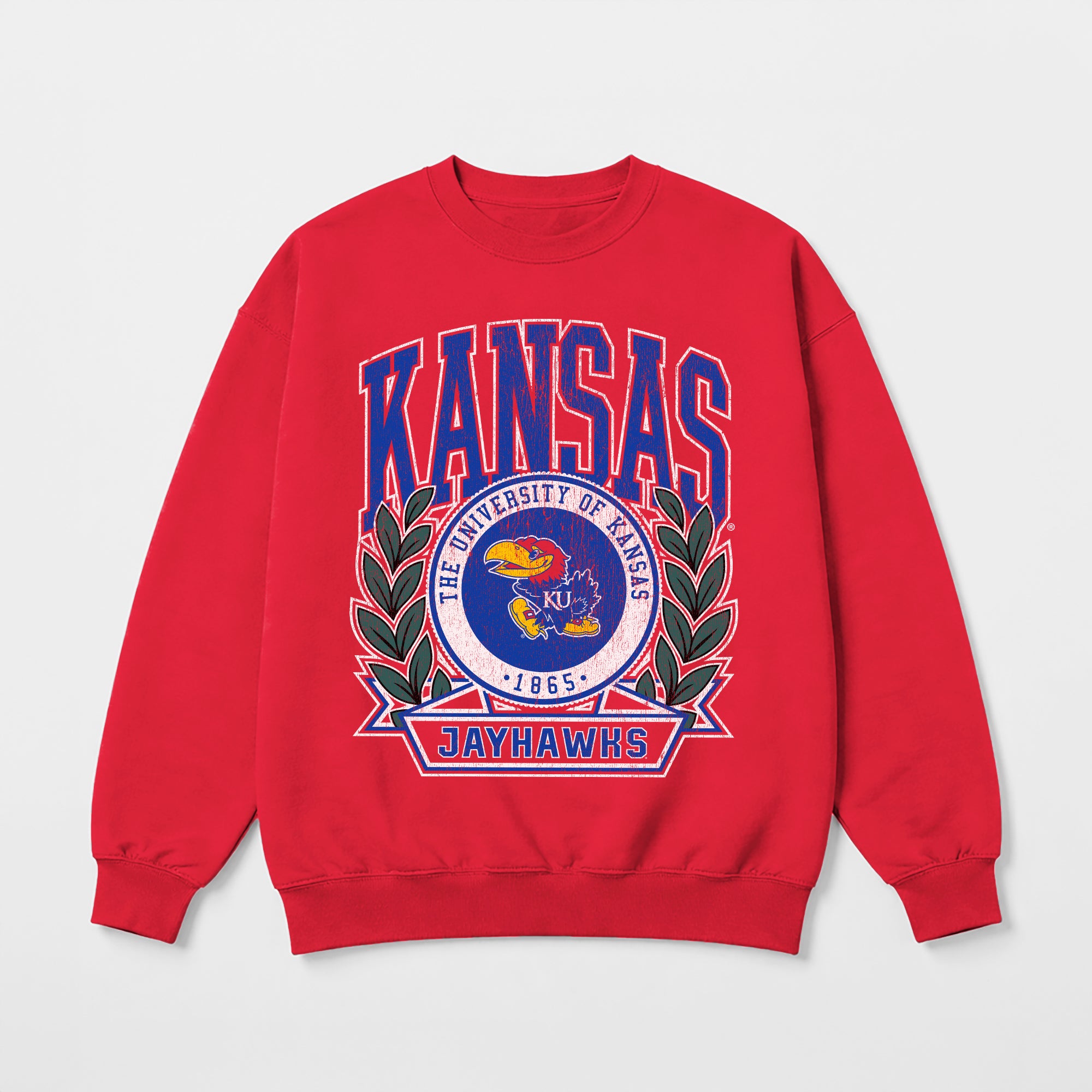 KANSAS JAYHAWKS CLASSIC ARCHIVES PREMIUM DROP SHOULDER FLEECE CREWNECK PULLOVER