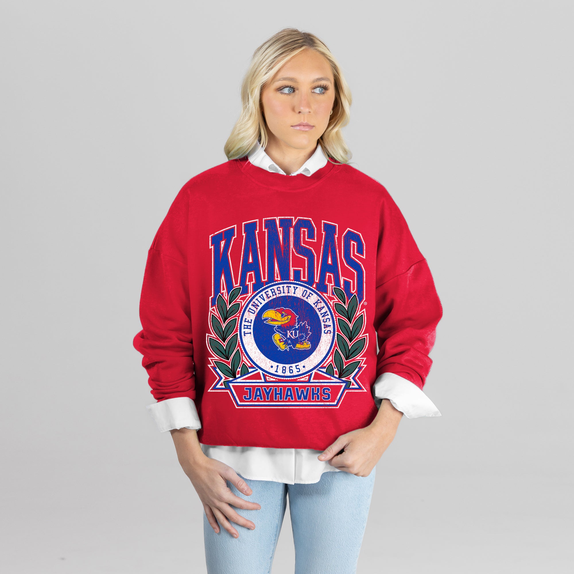 KANSAS JAYHAWKS CLASSIC ARCHIVES PREMIUM DROP SHOULDER FLEECE CREWNECK PULLOVER
