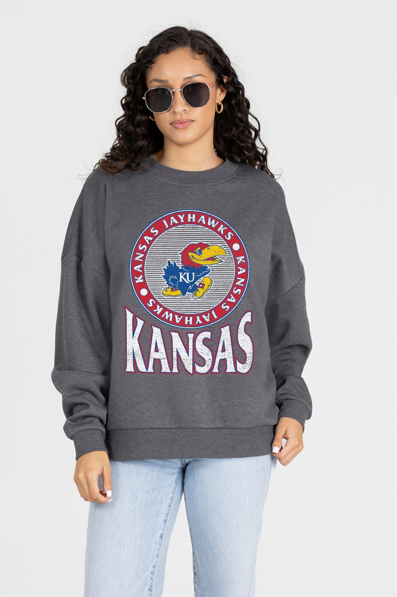 KANSAS JAYHAWKS SATURDAY SEAL PREMIUM FLEECE DROP SHOULDER CREWNECK PULLOVER