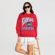 KANSAS JAYHAWKS MAIN CHARACTER PREMIUM FLEECE DROP SHOULDER CREWNECK PULLOVER