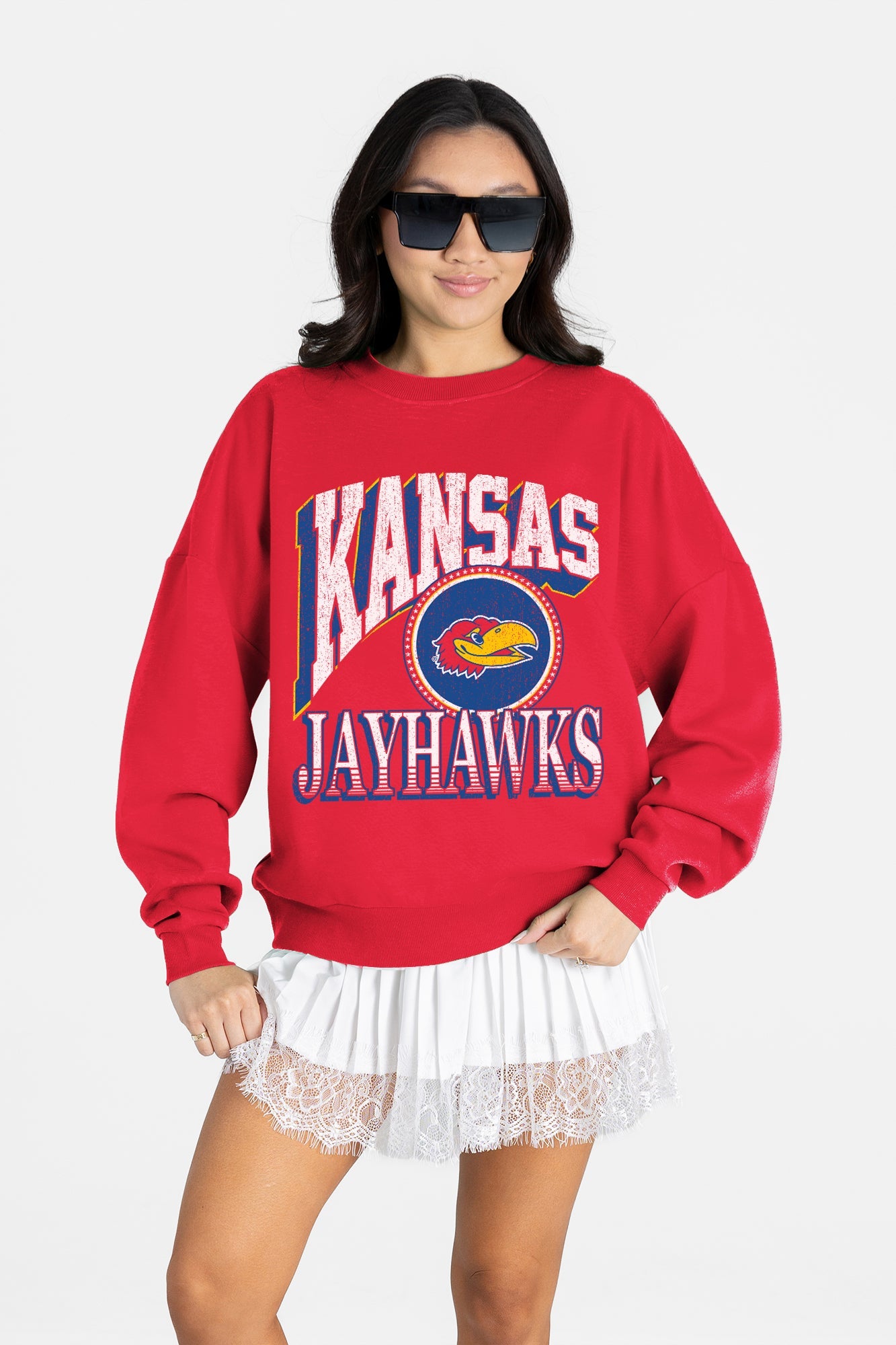 KANSAS JAYHAWKS MAIN CHARACTER PREMIUM FLEECE DROP SHOULDER CREWNECK PULLOVER