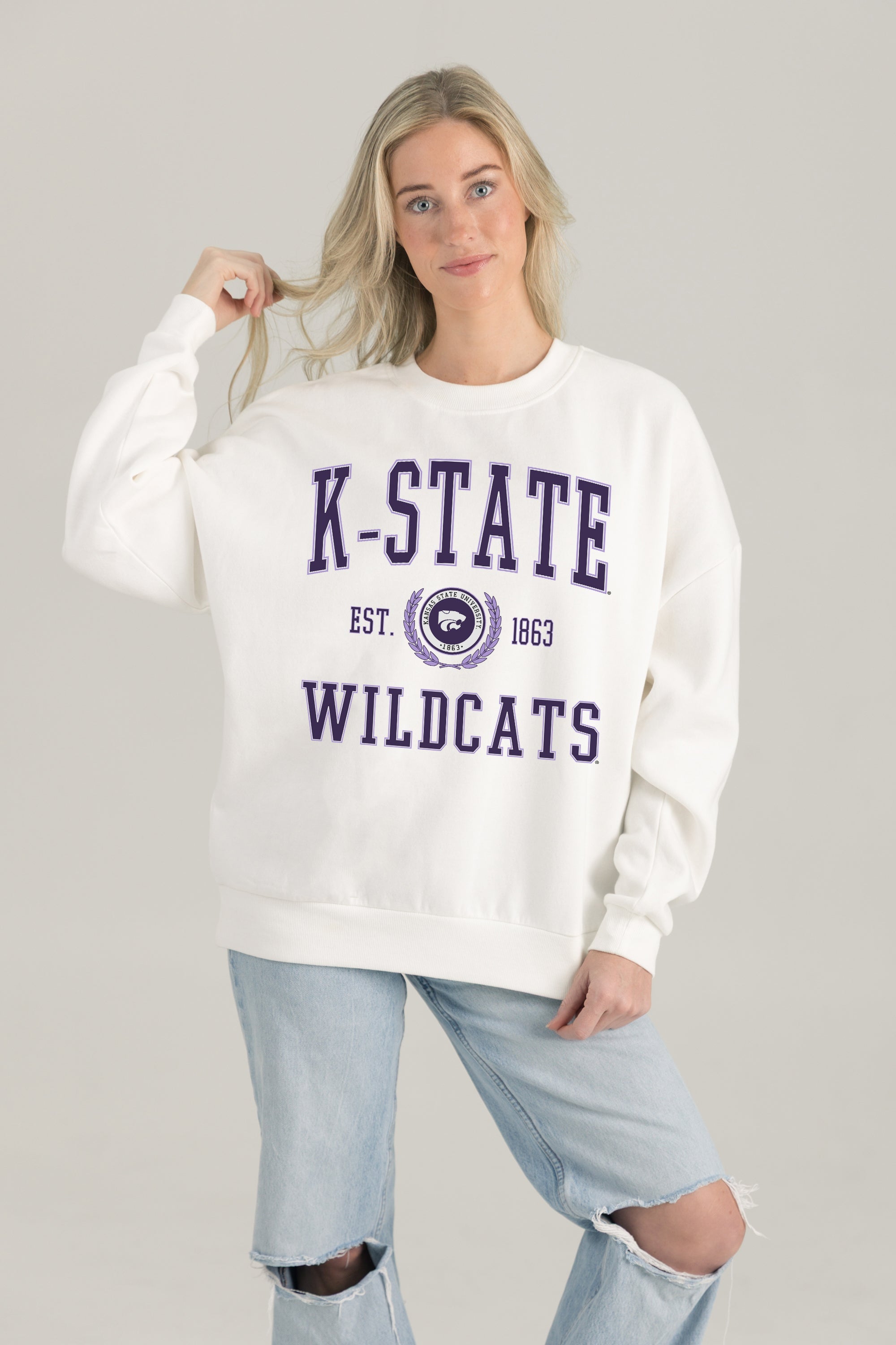 KANSAS STATE WILDCATS TIMELESS TRIUMPH PREMIUM FLEECE DROP SHOULDER CREWNECK PULLOVER