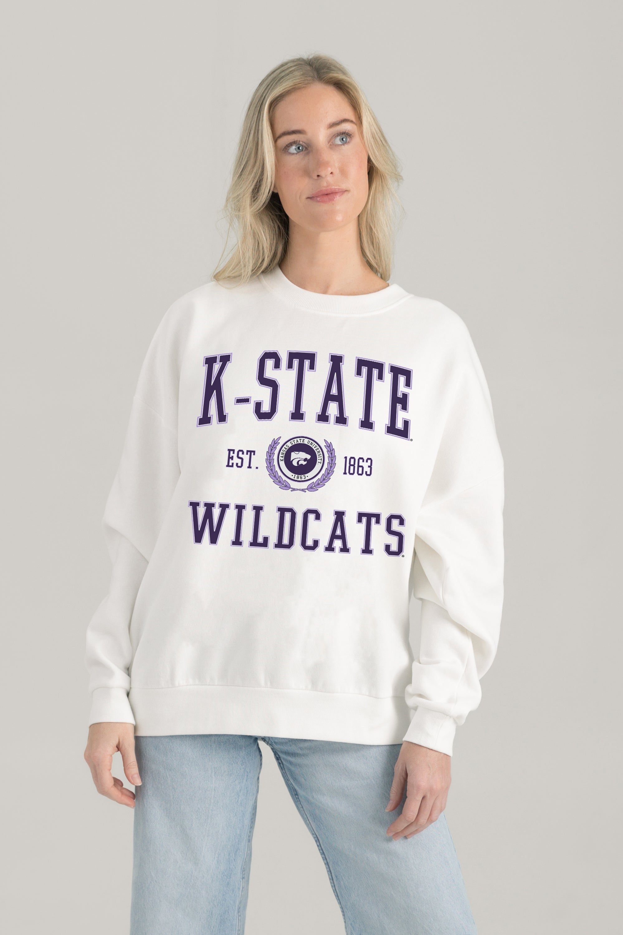 KANSAS STATE WILDCATS TIMELESS TRIUMPH PREMIUM FLEECE DROP SHOULDER CREWNECK PULLOVER