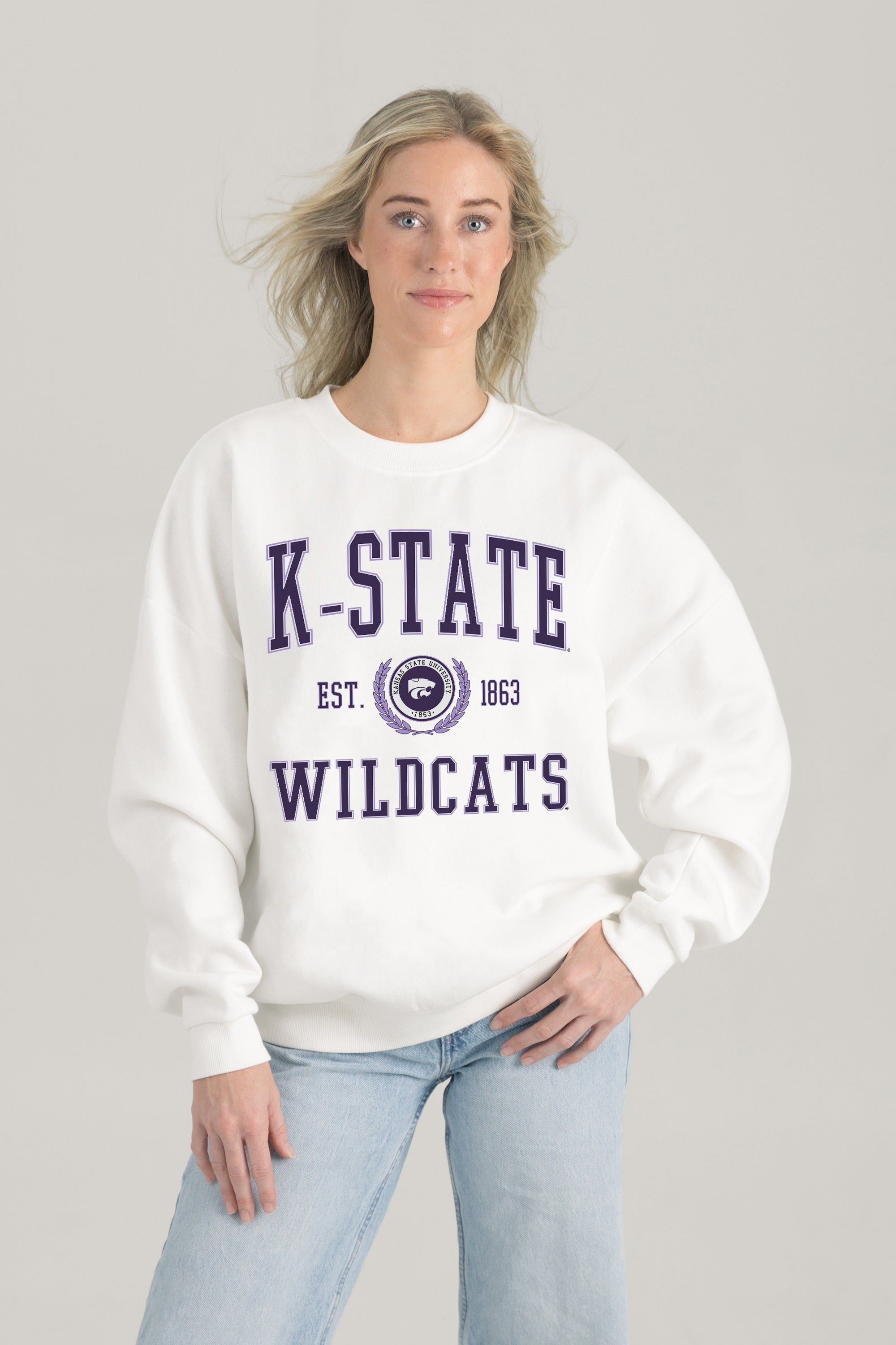KANSAS STATE WILDCATS TIMELESS TRIUMPH PREMIUM FLEECE DROP SHOULDER CREWNECK PULLOVER