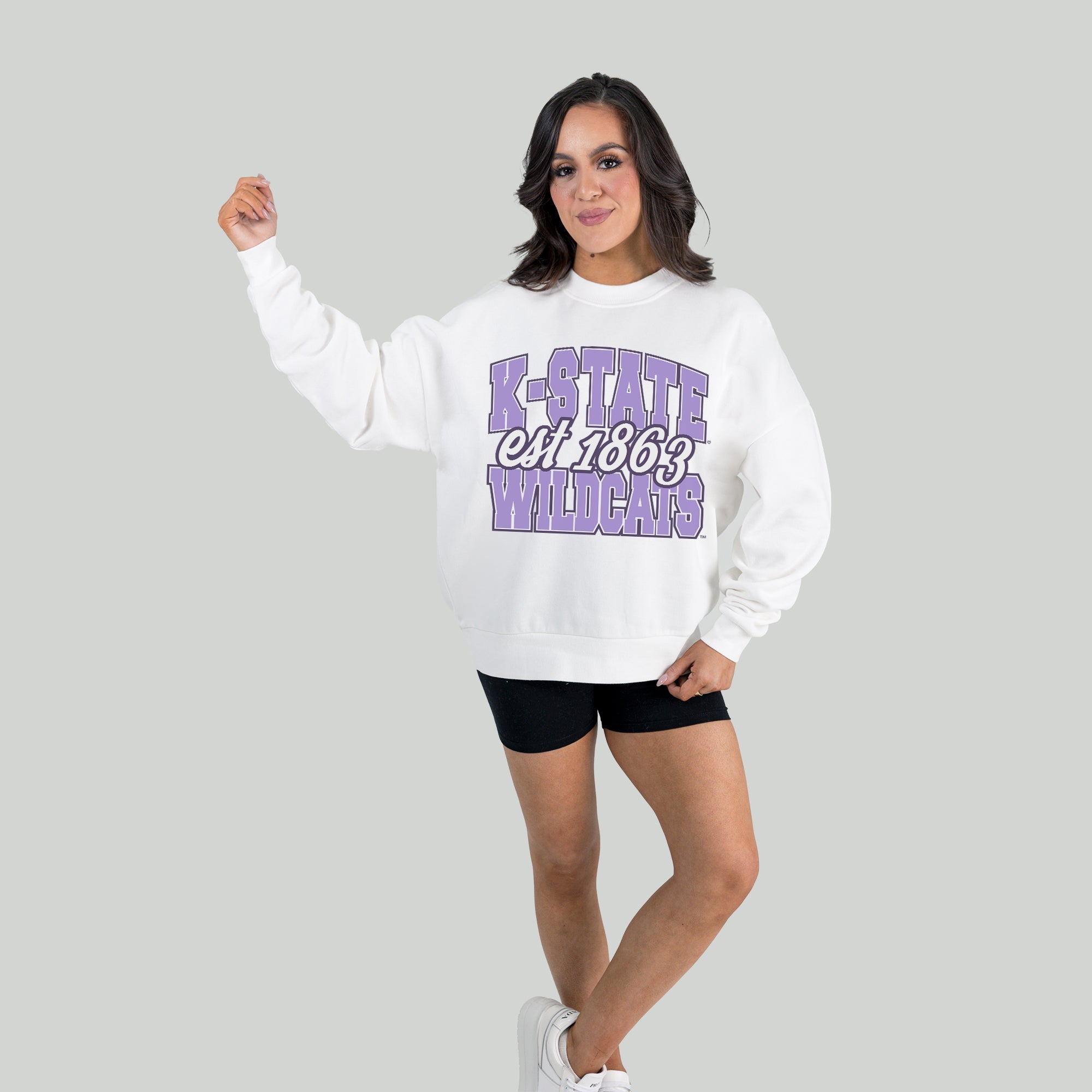 KANSAS STATE WILDCATS FADED FORMATION PREMIUM FLEECE DROP SHOULDER CREWNECK PULLOVER