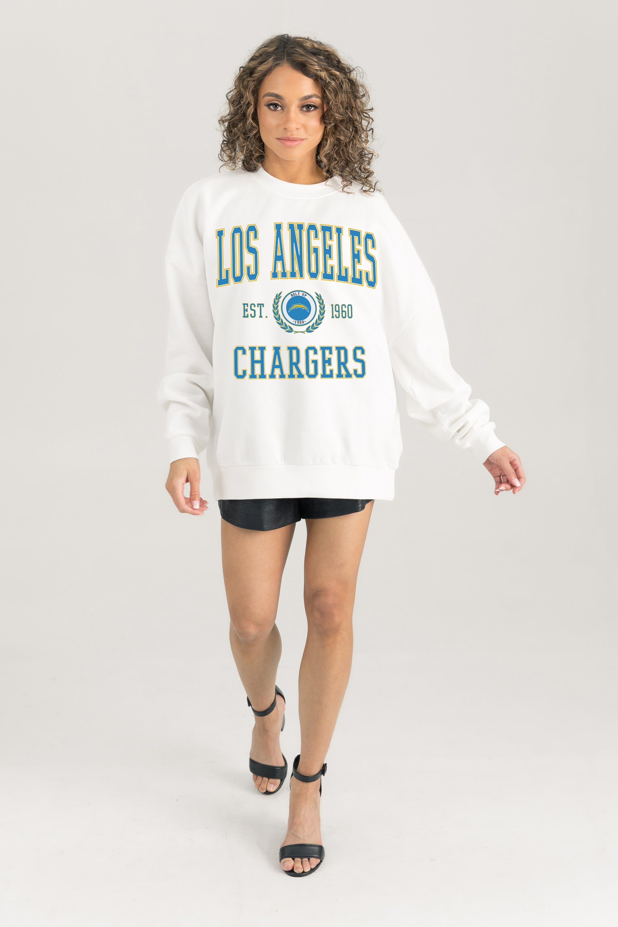 LOS ANGELES CHARGERS TIMELESS TRIUMPH PREMIUM FLEECE DROP SHOULDER CREWNECK PULLOVER
