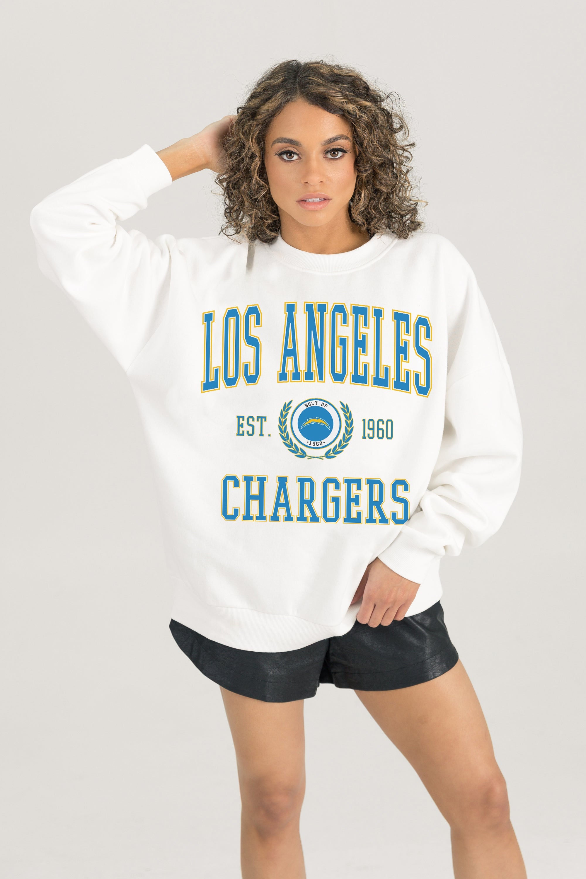 LOS ANGELES CHARGERS TIMELESS TRIUMPH PREMIUM FLEECE DROP SHOULDER CREWNECK PULLOVER