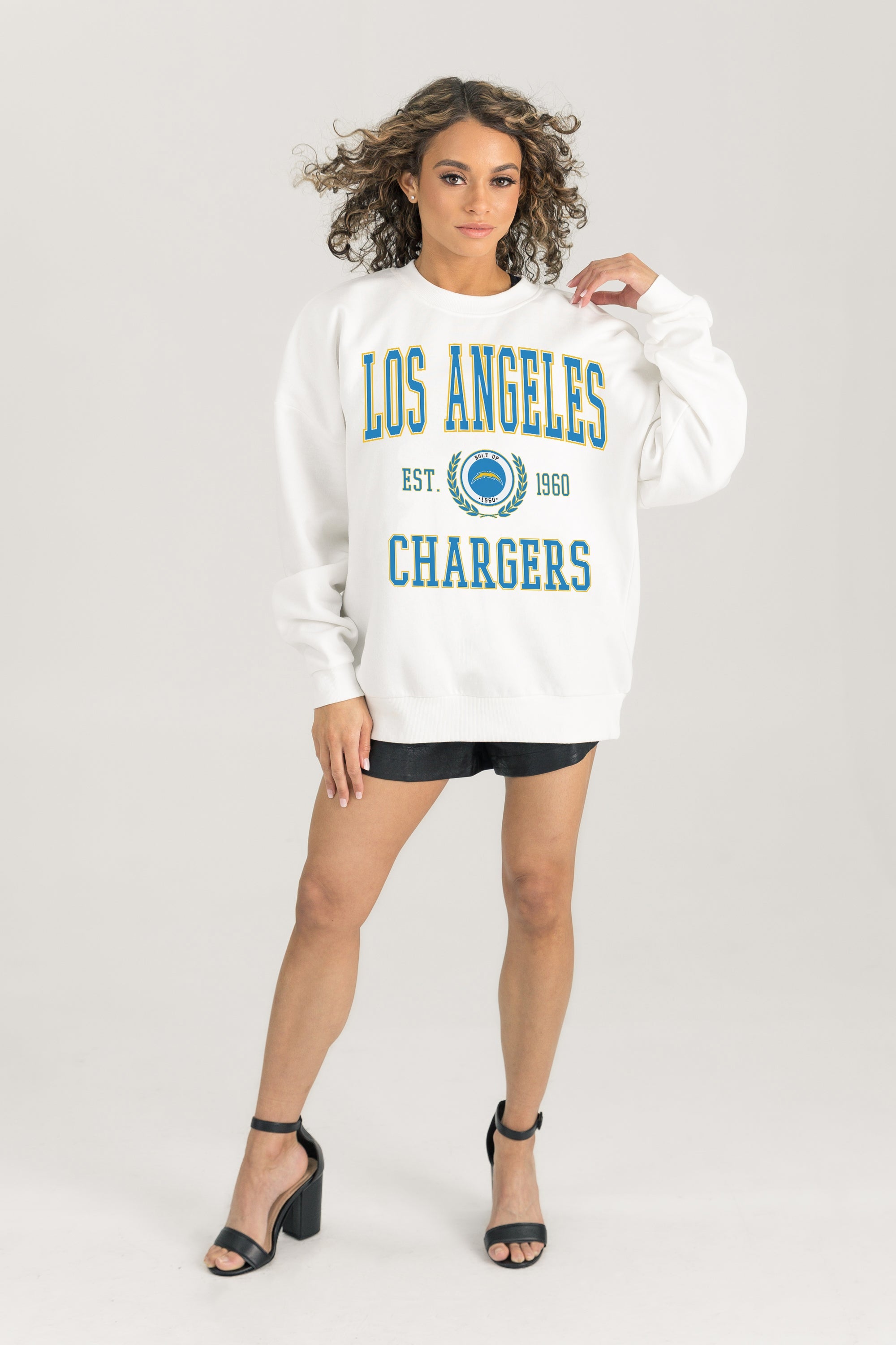 LOS ANGELES CHARGERS TIMELESS TRIUMPH PREMIUM FLEECE DROP SHOULDER CREWNECK PULLOVER