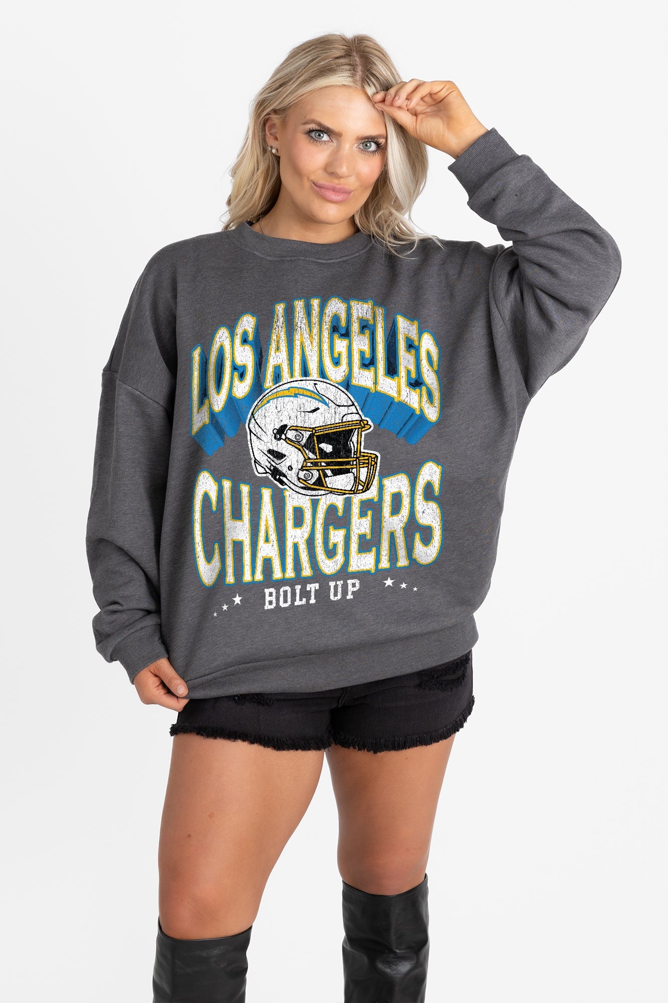 LOS ANGELES CHARGERS STAY COOL PREMIUM FLEECE CREWNECK PULLOVER BY RANDI MAHOMES