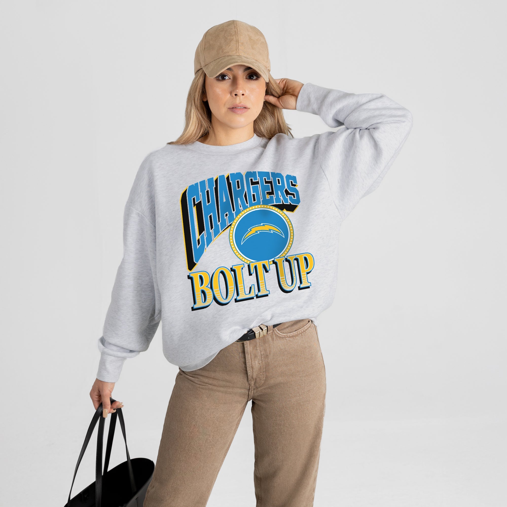 LOS ANGELES CHARGERS GAME ON PREMIUM FLEECE DROP SHOULDER CREWNECK PULLOVER