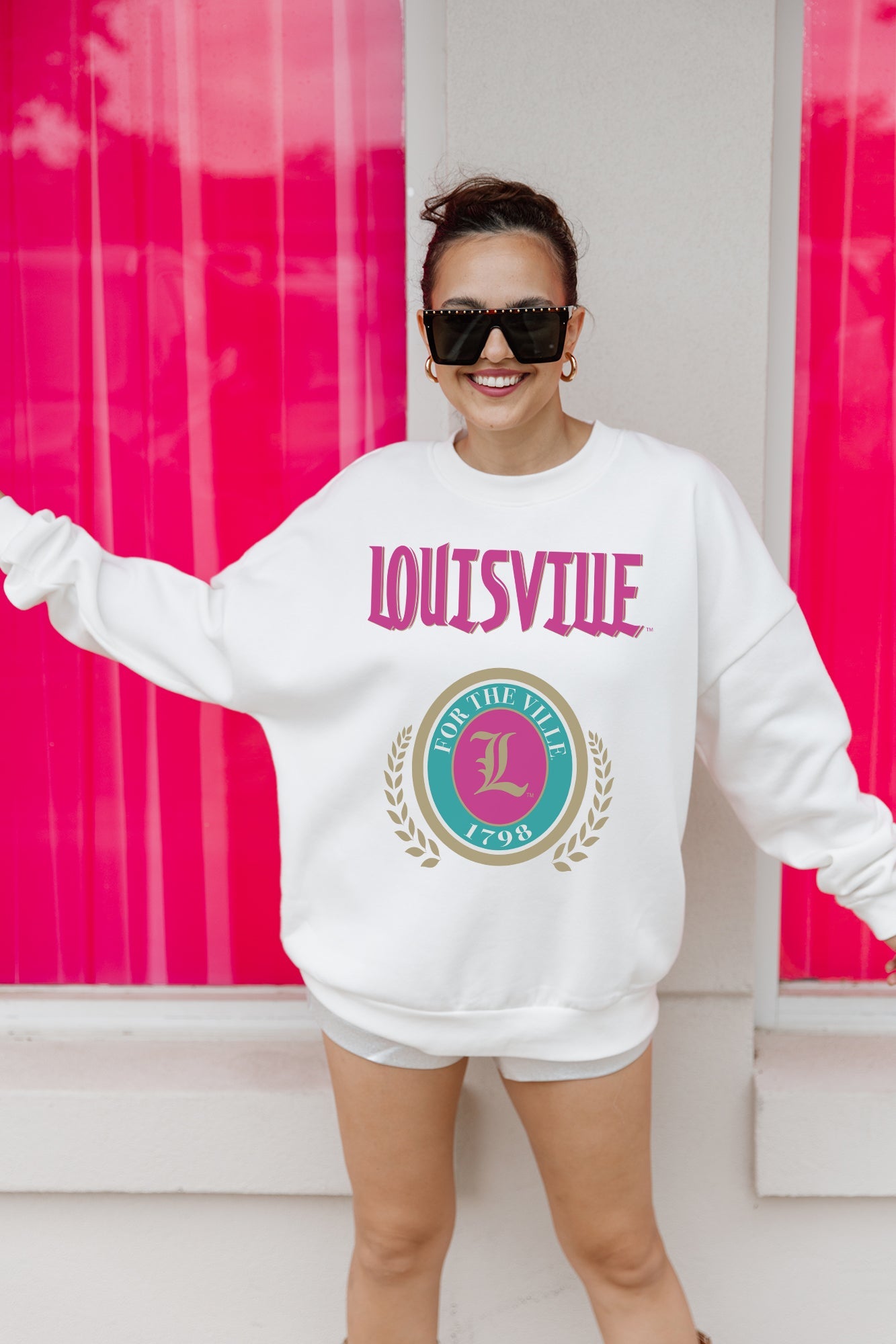 LOUISVILLE CARDINALS GOAL GETTER PREMIUM FLEECE DROP SHOULDER CREWNECK PULLOVER