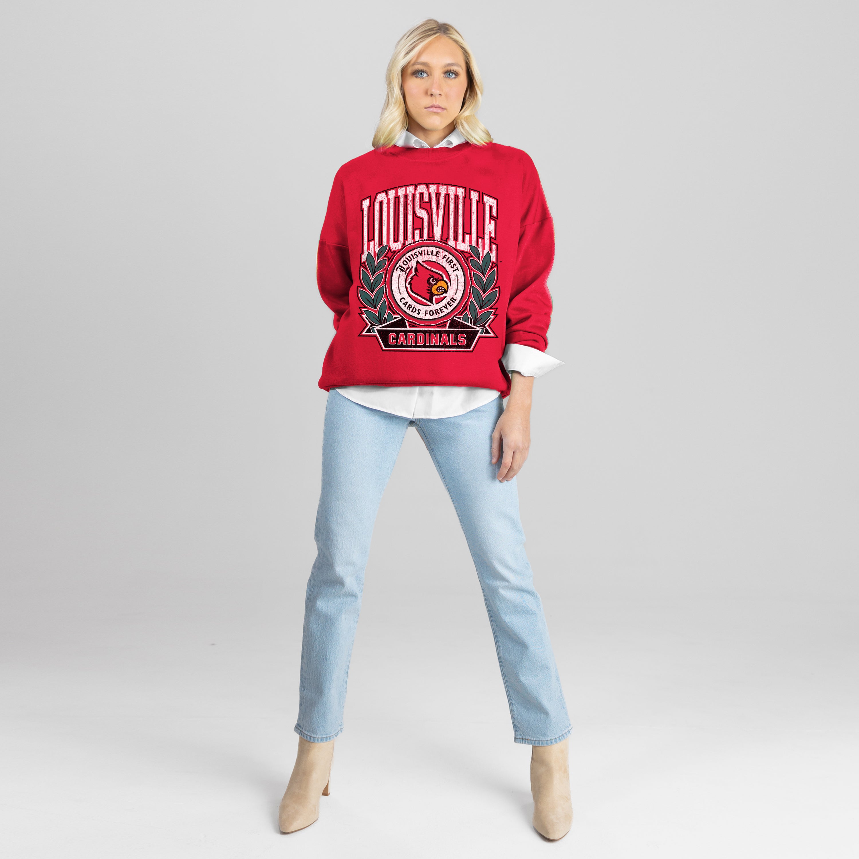 LOUISVILLE CARDINALS CLASSIC ARCHIVES PREMIUM DROP SHOULDER FLEECE CREWNECK PULLOVER