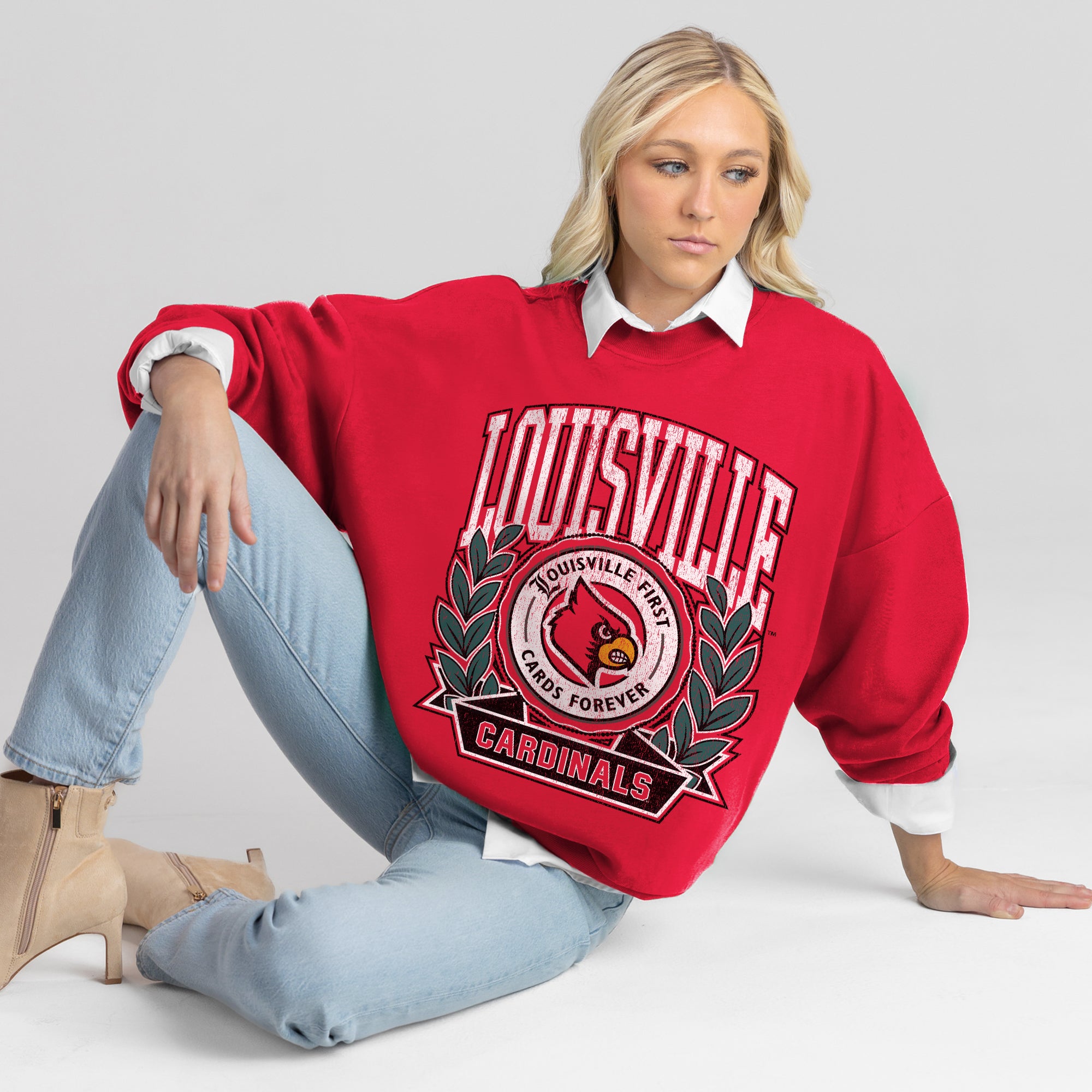 LOUISVILLE CARDINALS CLASSIC ARCHIVES PREMIUM DROP SHOULDER FLEECE CREWNECK PULLOVER