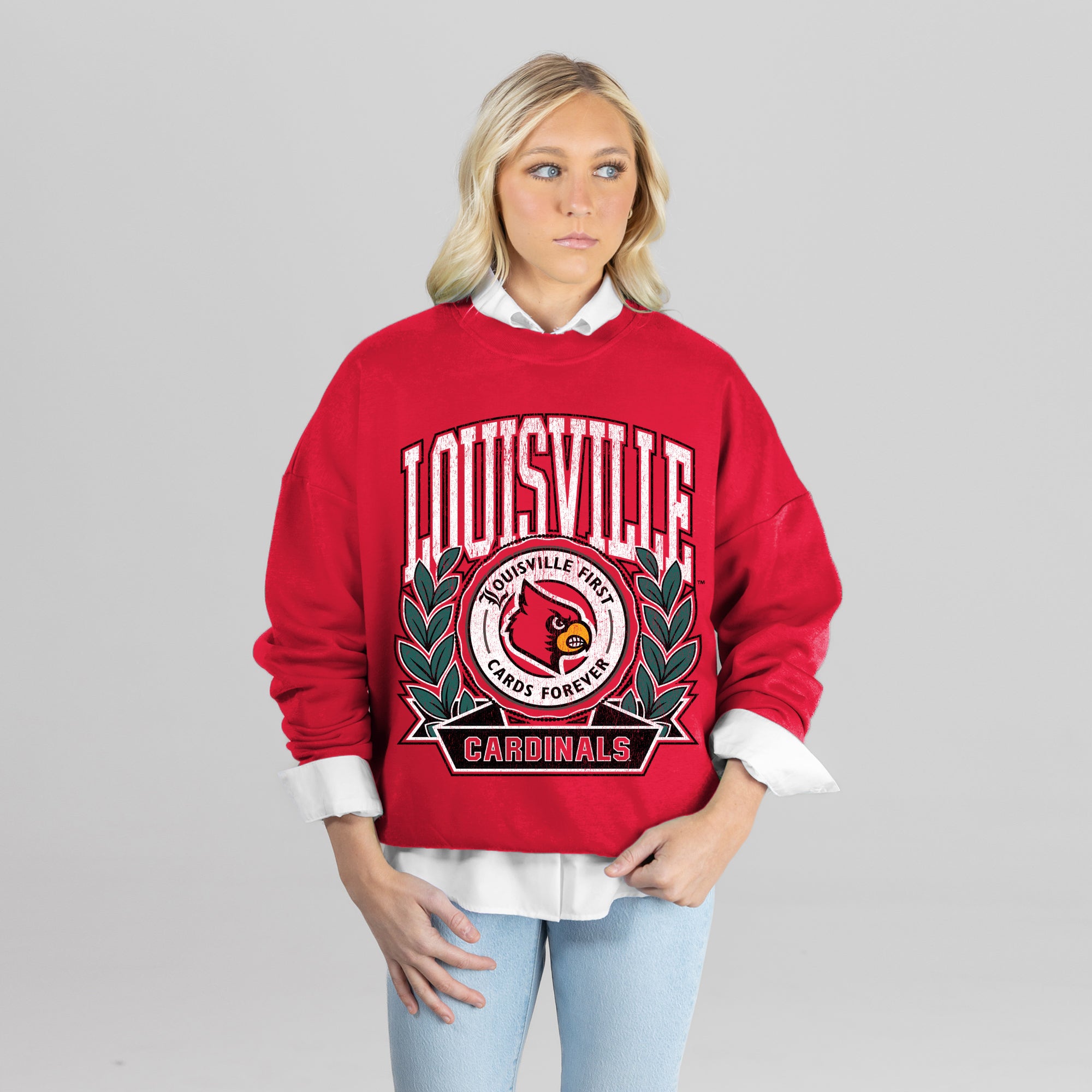 LOUISVILLE CARDINALS CLASSIC ARCHIVES PREMIUM DROP SHOULDER FLEECE CREWNECK PULLOVER