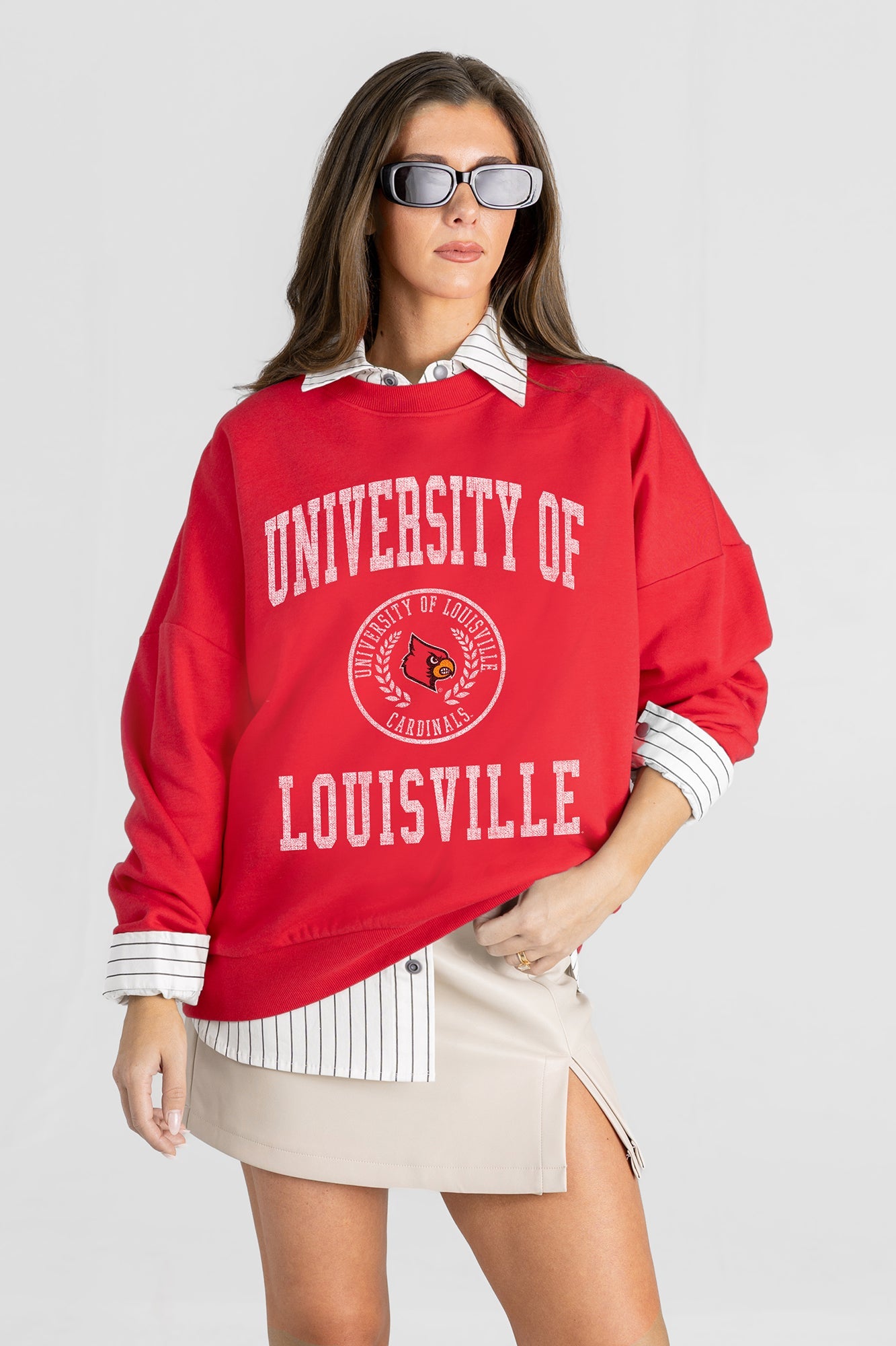 LOUISVILLE CARDINALS PRIME PLAY PREMIUM FLEECE DROP SHOULDER CREWNECK PULLOVER