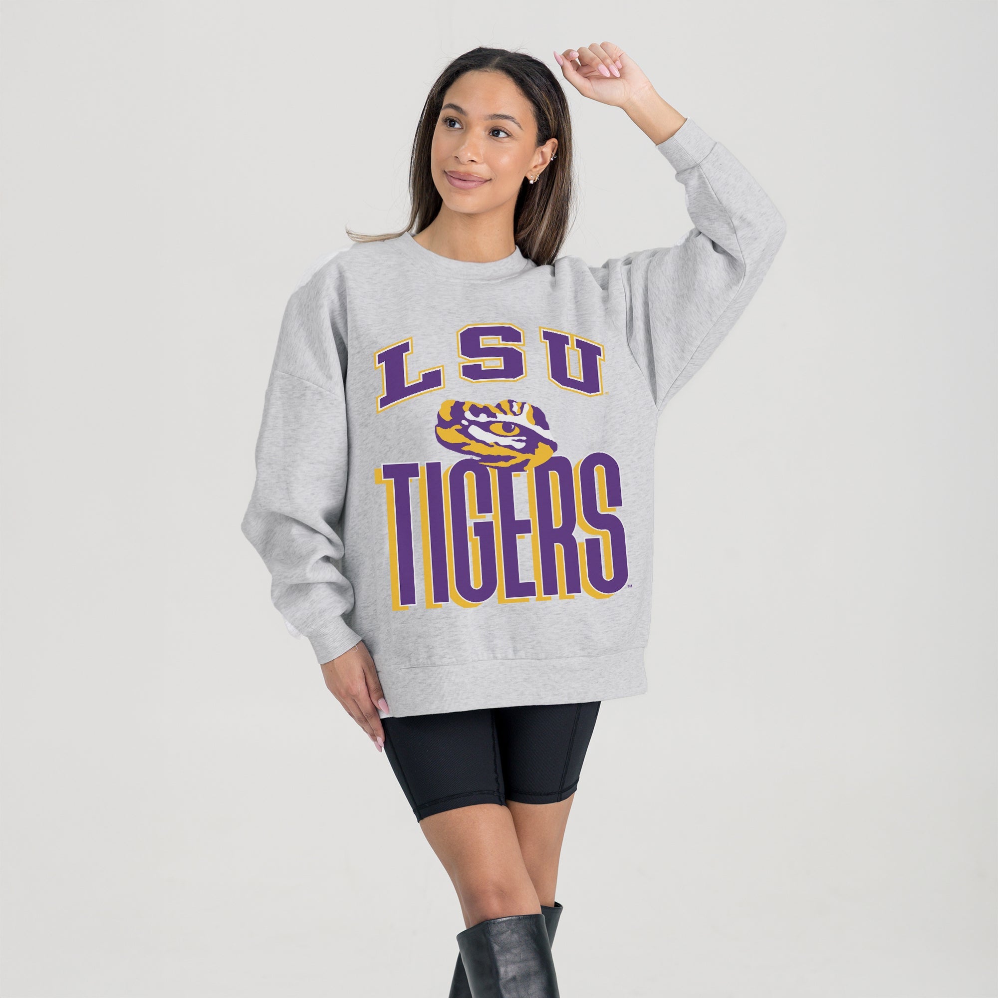 LSU TIGERS FIERCE FOCUS PREMIUM FLEECE DROP SHOULDER CREWNECK PULLOVER