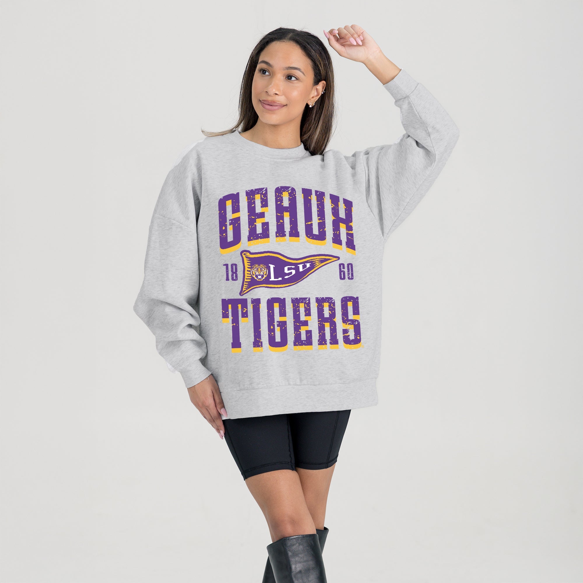 LSU TIGERS PENNANT PRIDE PREMIUM FLEECE DROP SHOULDER CREWNECK PULLOVER