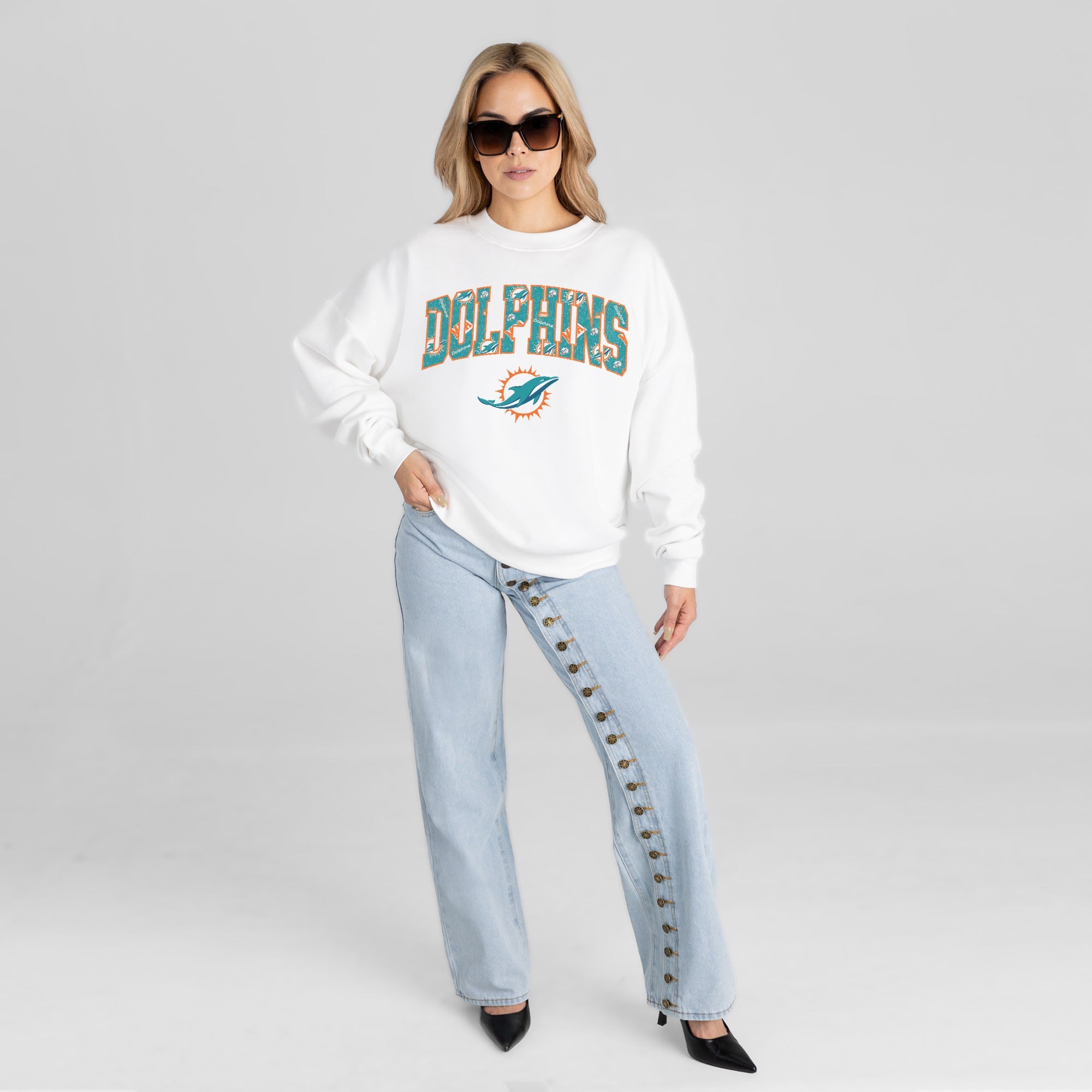 MIAMI DOLPHINS SWEET PLAY PREMIUM FLEECE DROP SHOULDER CREWNECK PULLOVER