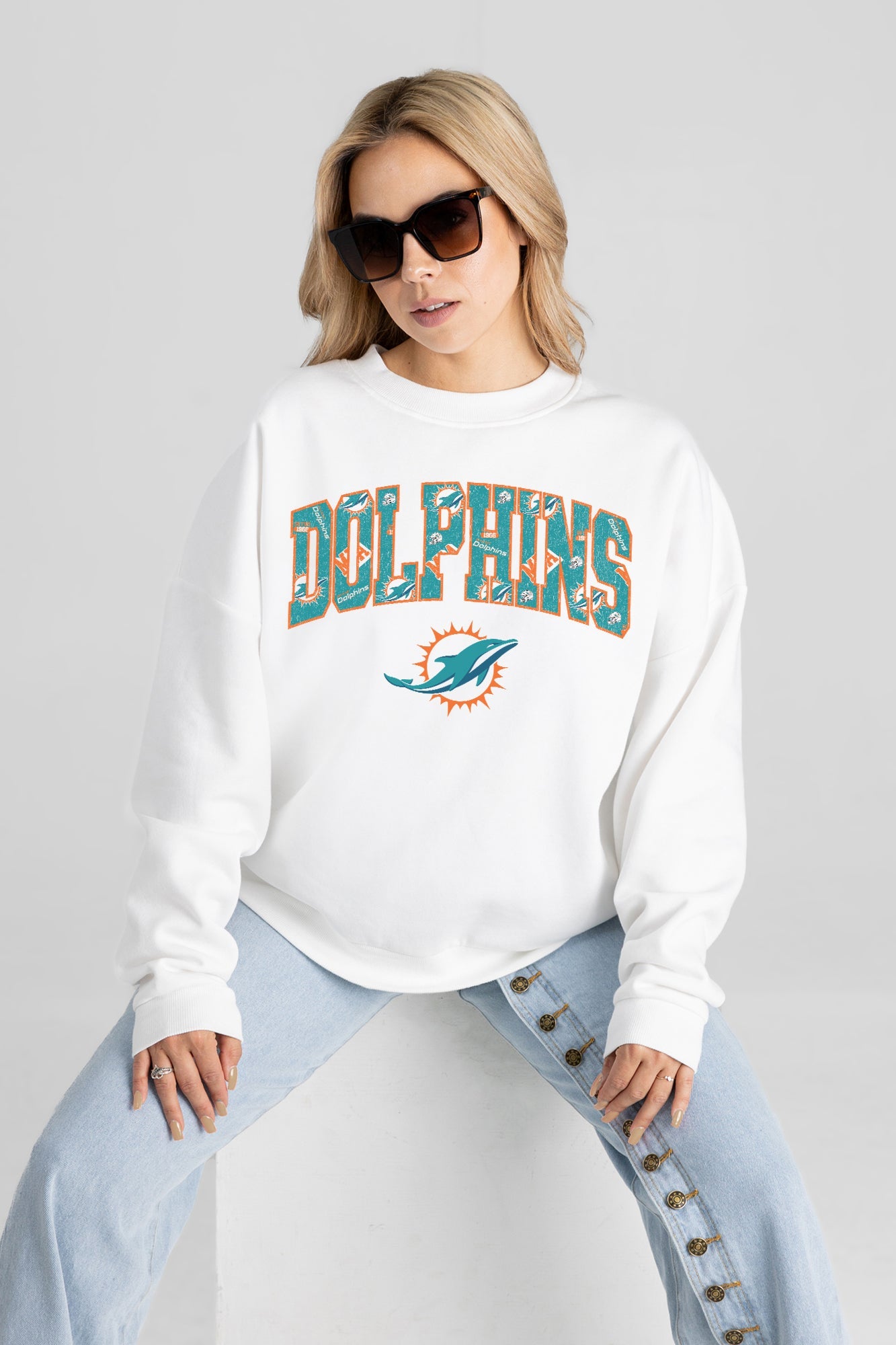 MIAMI DOLPHINS SWEET PLAY PREMIUM FLEECE DROP SHOULDER CREWNECK PULLOVER