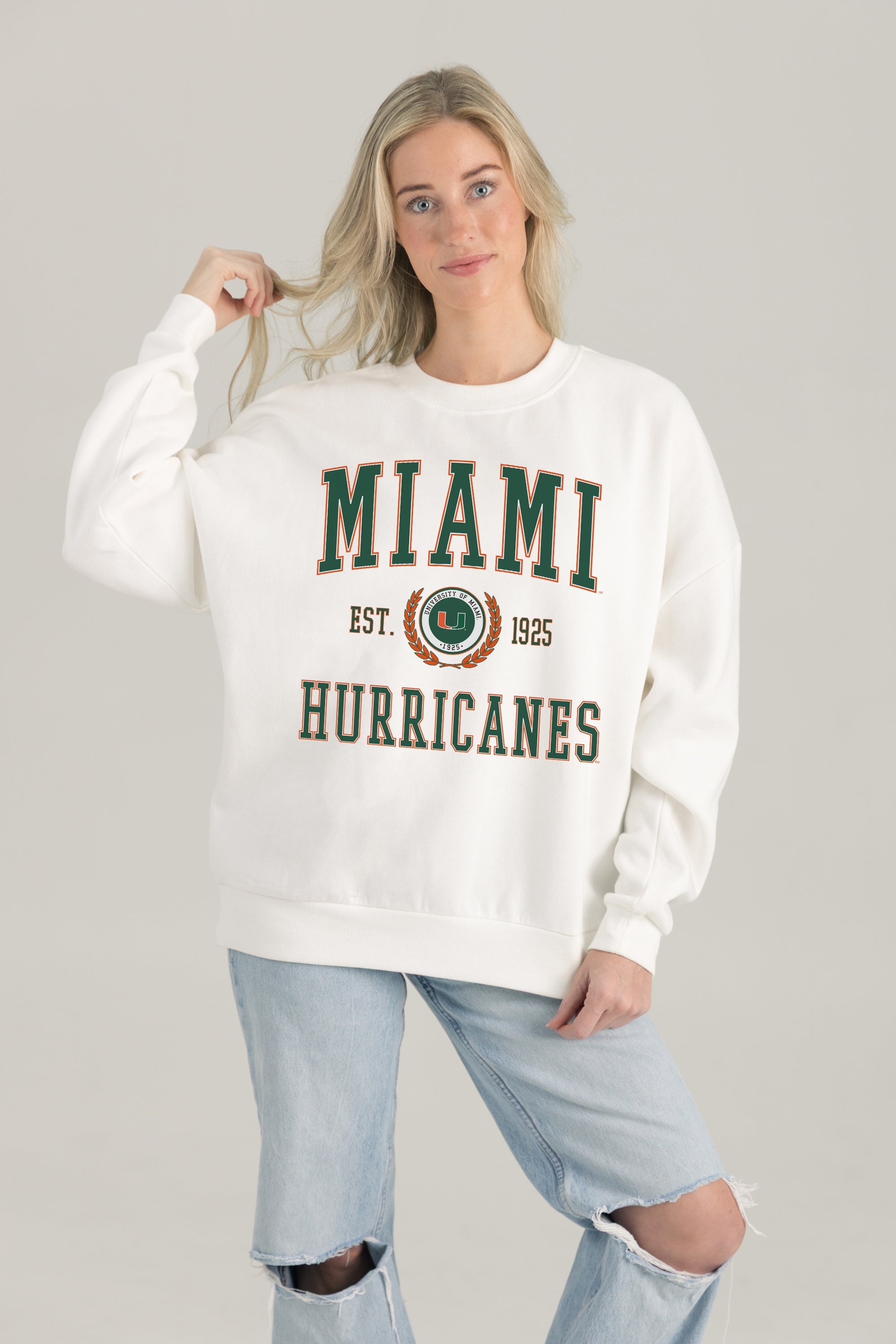 MIAMI HURRICANES TIMELESS TRIUMPH PREMIUM FLEECE DROP SHOULDER CREWNECK PULLOVER