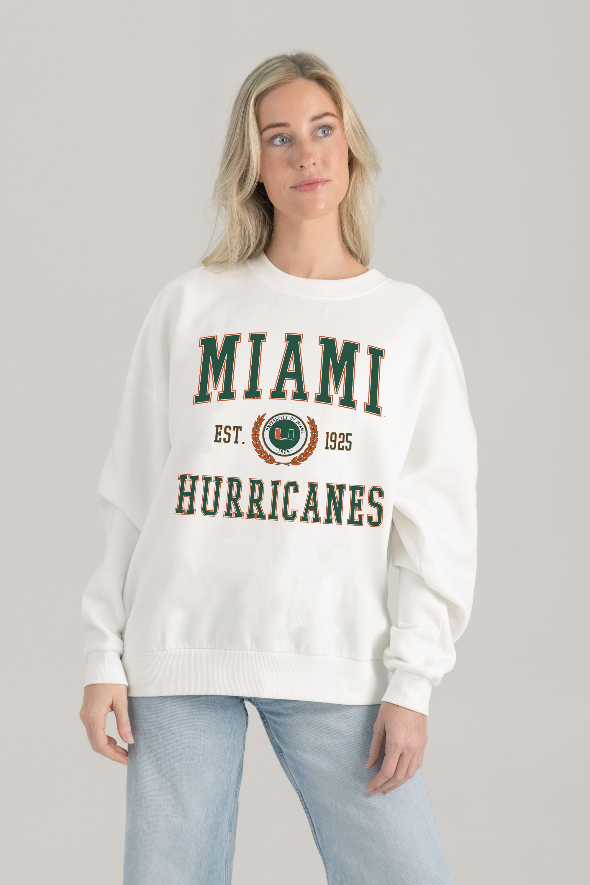 MIAMI HURRICANES TIMELESS TRIUMPH PREMIUM FLEECE DROP SHOULDER CREWNECK PULLOVER