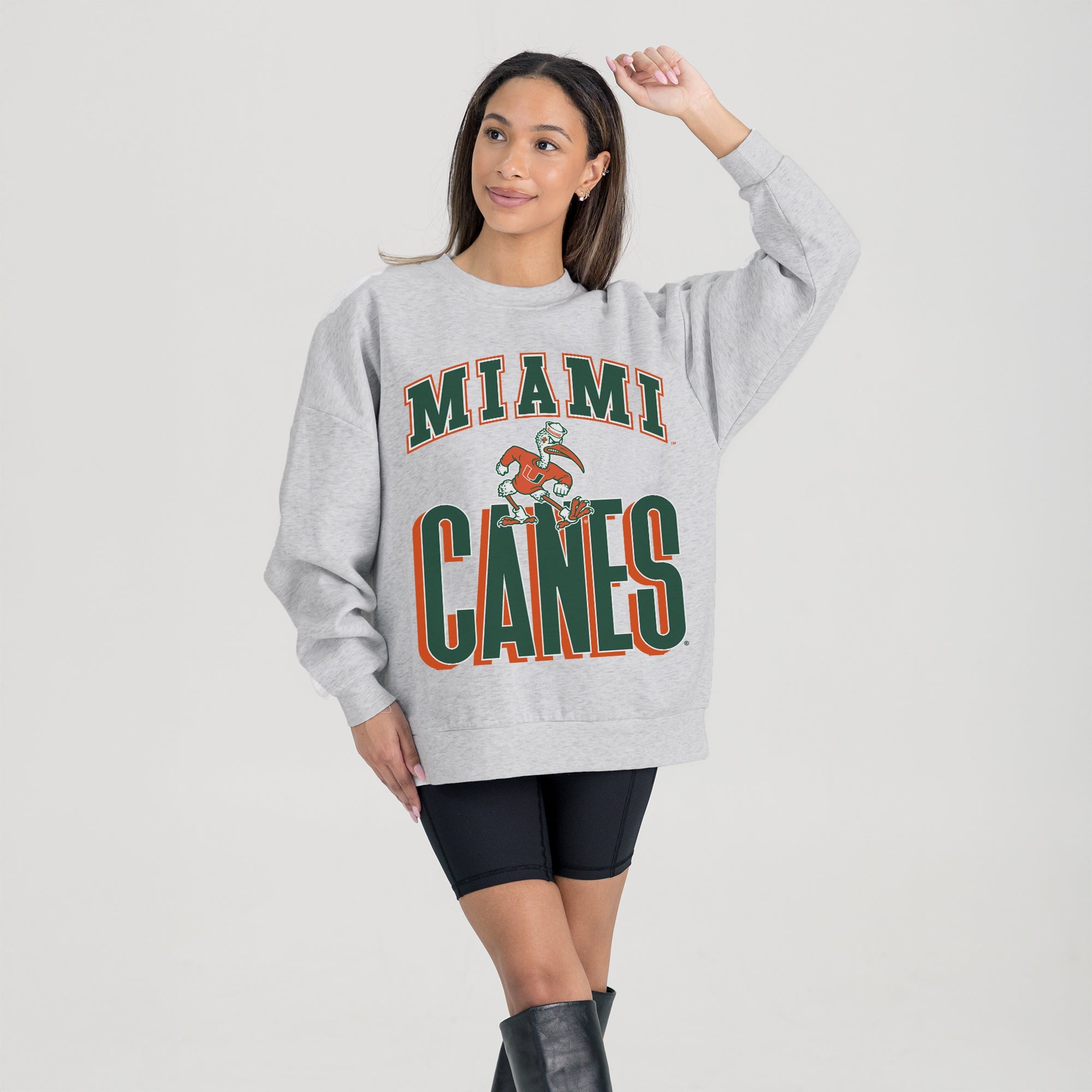 MIAMI HURRICANES FIERCE FOCUS PREMIUM FLEECE DROP SHOULDER CREWNECK PULLOVER