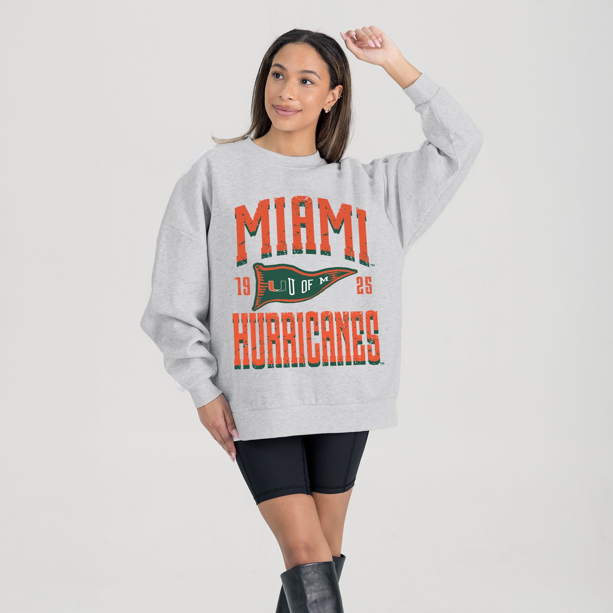 MIAMI HURRICANES PENNANT PRIDE PREMIUM FLEECE DROP SHOULDER CREWNECK PULLOVER