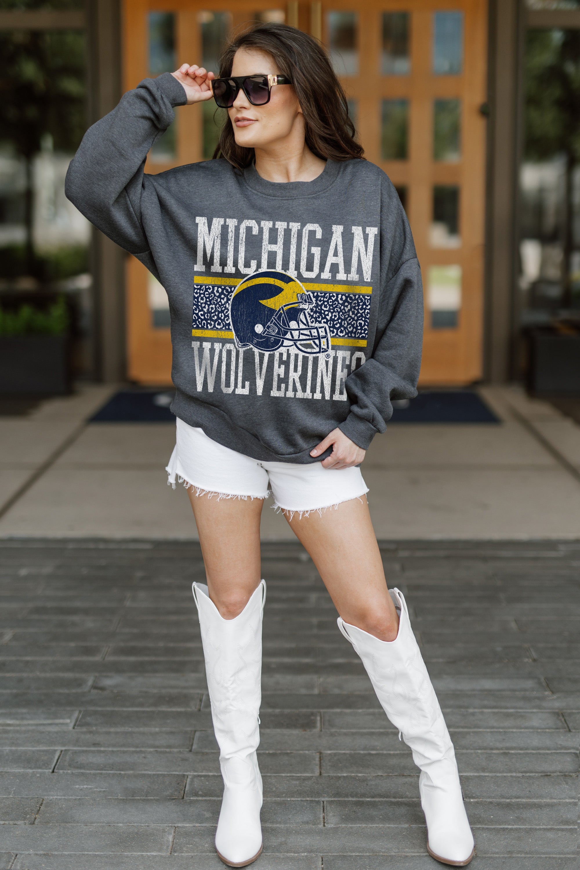 MICHIGAN WOLVERINES WILD TAILGATE PREMIUM FLEECE DROP SHOULDER CREWNECK PULLOVER