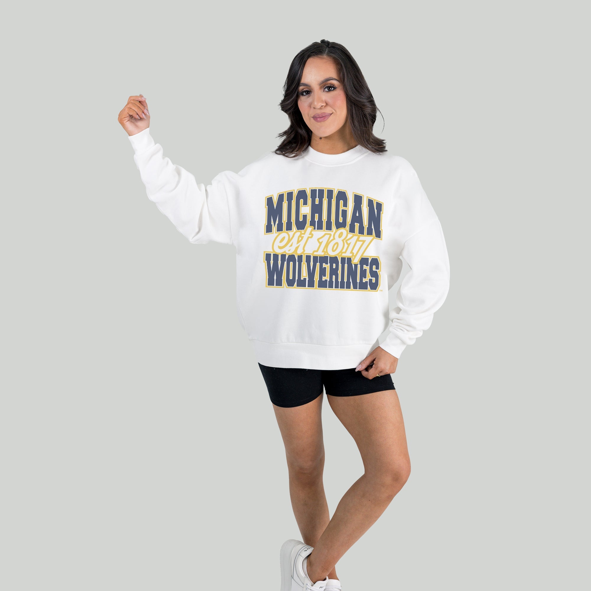 MICHIGAN WOLVERINES FADED FORMATION PREMIUM FLEECE DROP SHOULDER CREWNECK PULLOVER