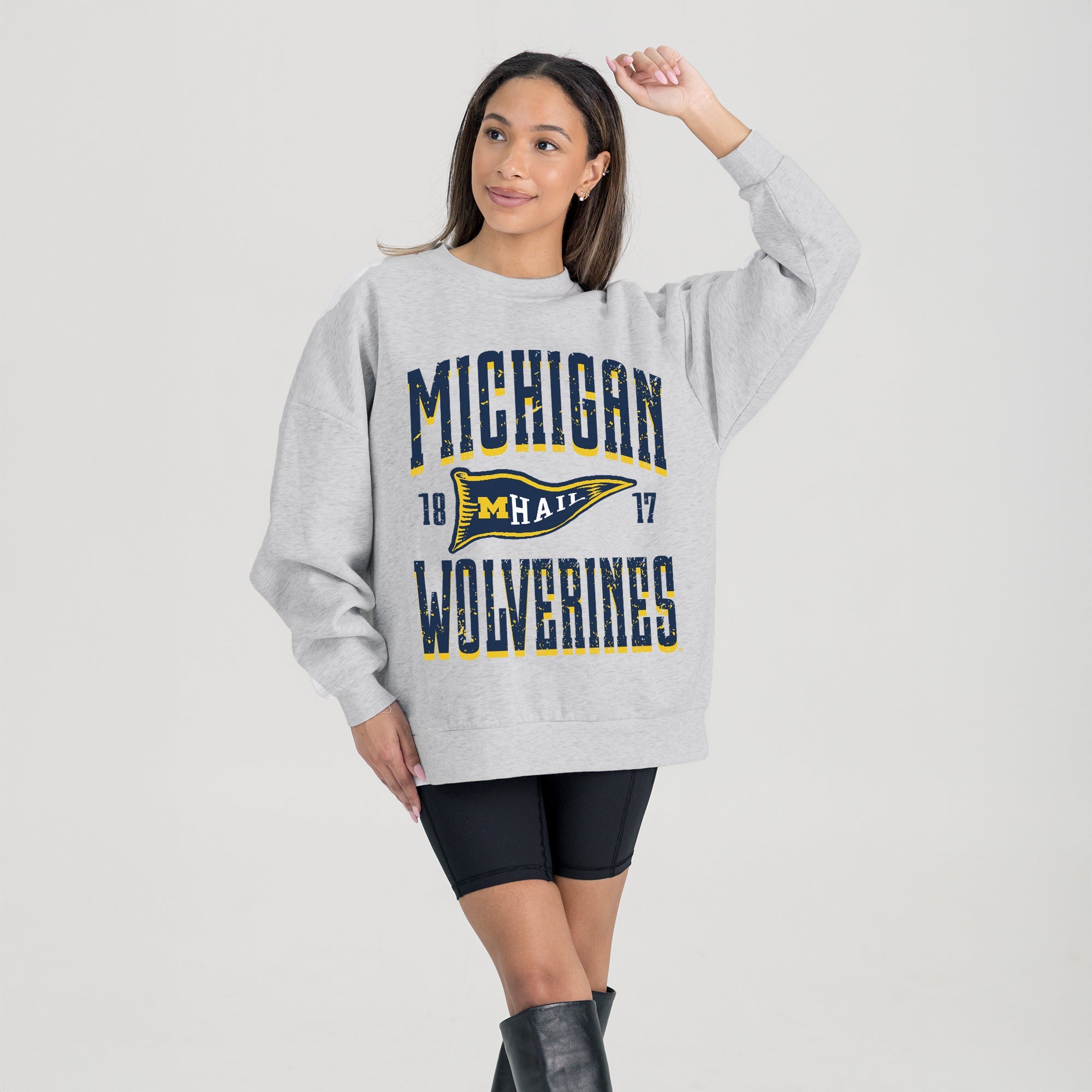MICHIGAN WOLVERINES PENNANT PRIDE PREMIUM FLEECE DROP SHOULDER CREWNECK PULLOVER