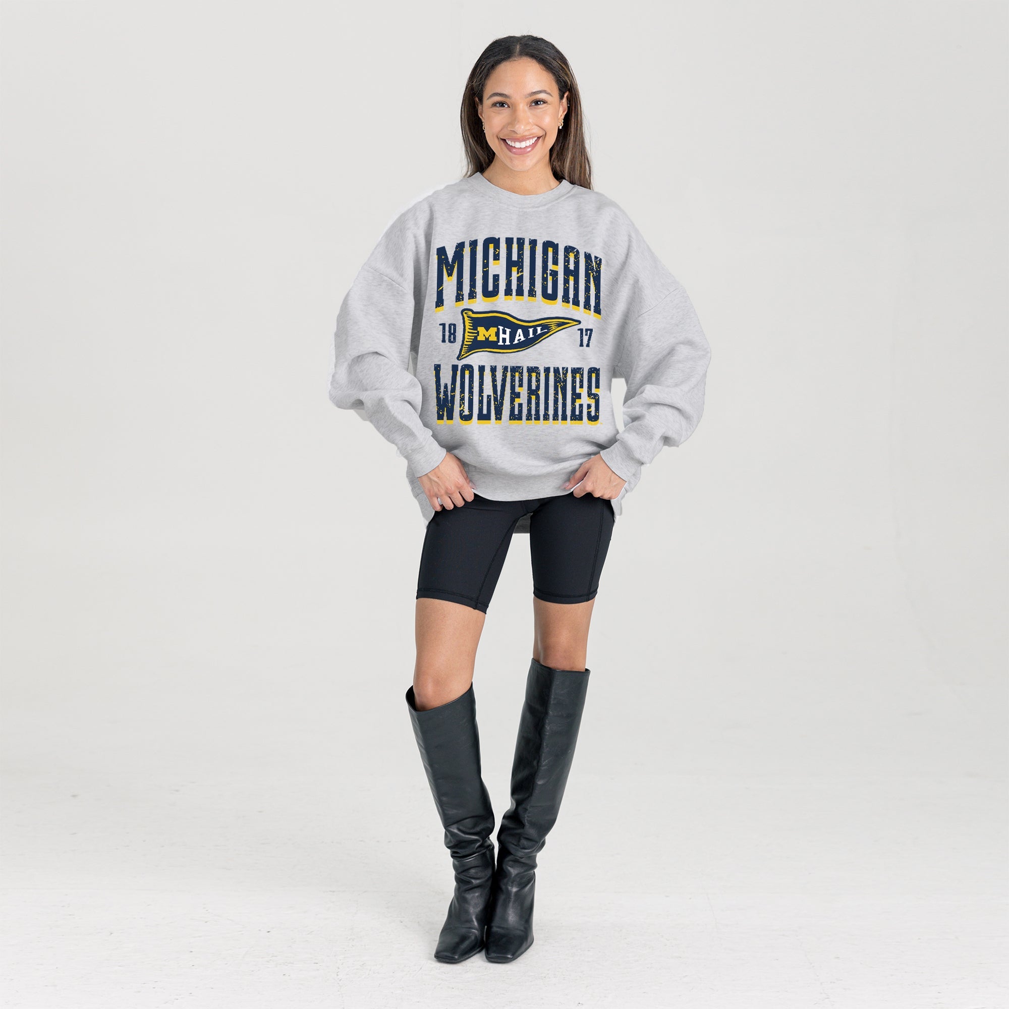 MICHIGAN WOLVERINES PENNANT PRIDE PREMIUM FLEECE DROP SHOULDER CREWNECK PULLOVER