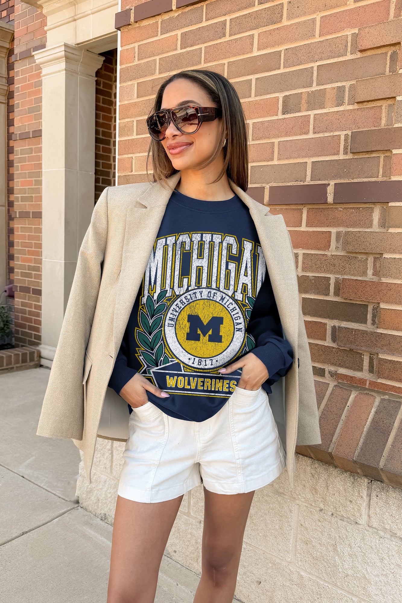 MICHIGAN WOLVERINES CLASSIC ARCHIVES PREMIUM DROP SHOULDER FLEECE CREWNECK PULLOVER