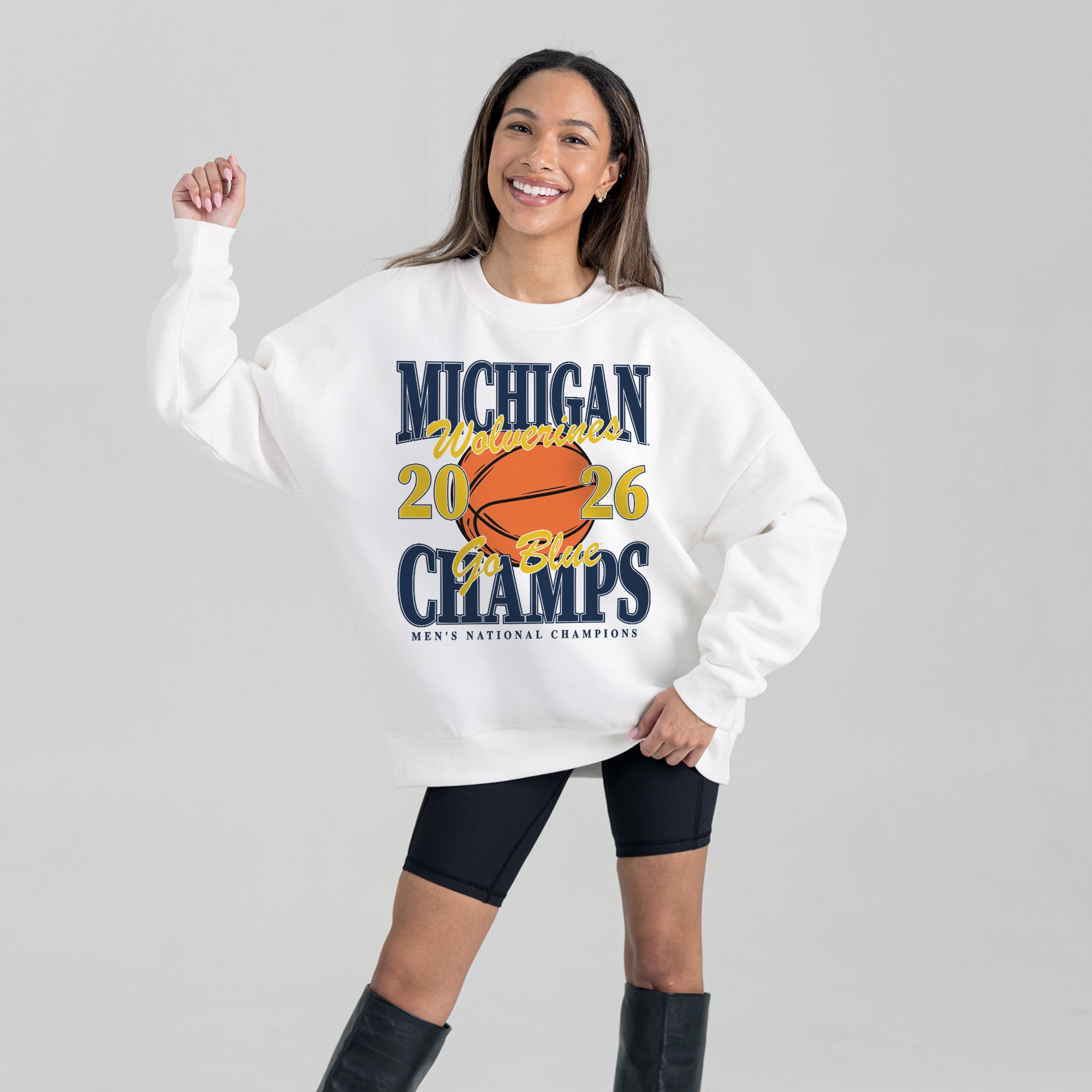 MICHIGAN WOLVERINES 2026 MEN'S NATIONAL BASKETBALL CHAMPIONS PREMIUM DROP SHOULDER FLEECE CREWNECK PULLOVER