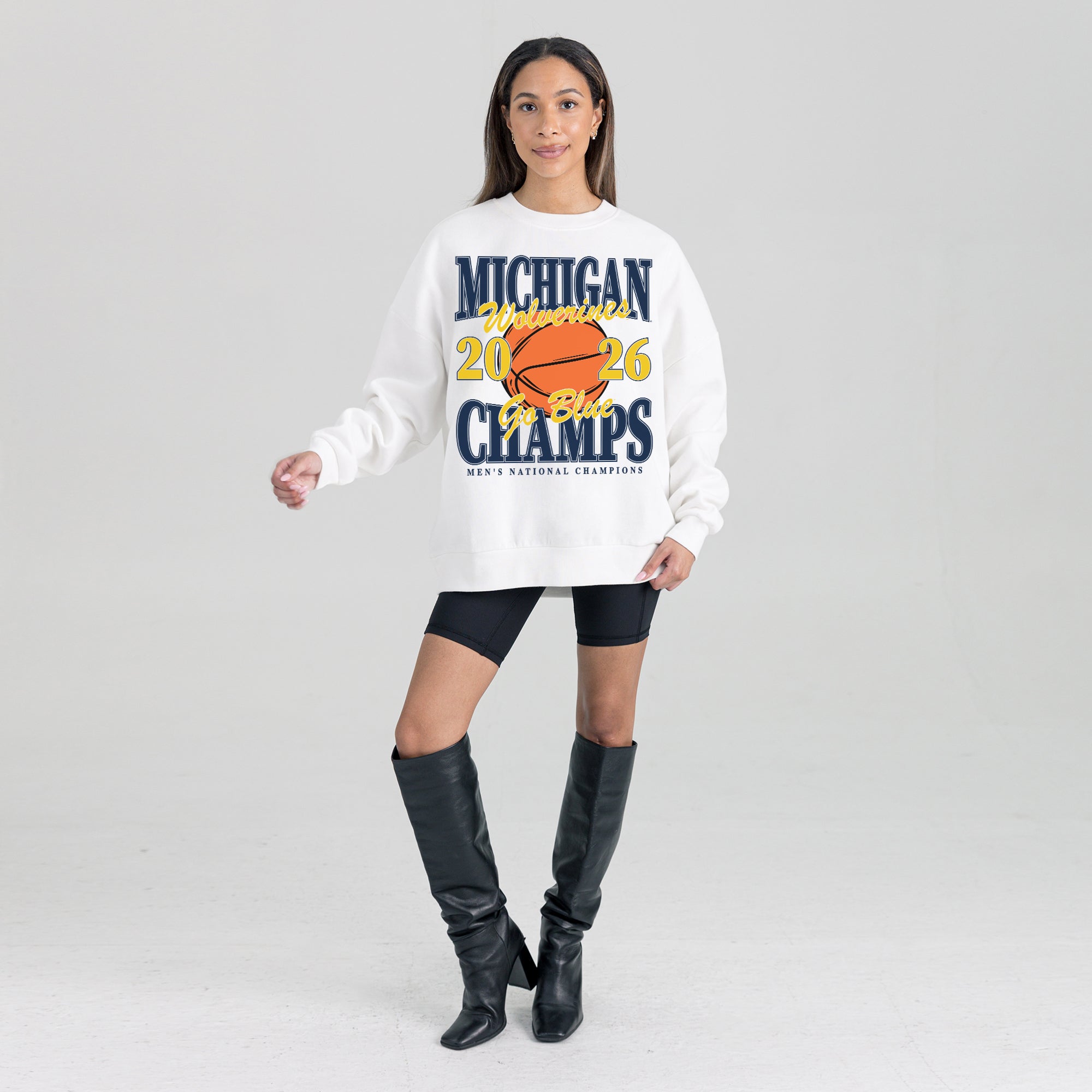 MICHIGAN WOLVERINES 2026 MEN'S NATIONAL BASKETBALL CHAMPIONS PREMIUM DROP SHOULDER FLEECE CREWNECK PULLOVER