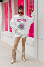 White Missouri Tigers GOAL GETTER Fleece Drop-Shoulder Pullover - Full Body On Model | Gameday Couture - SOHO