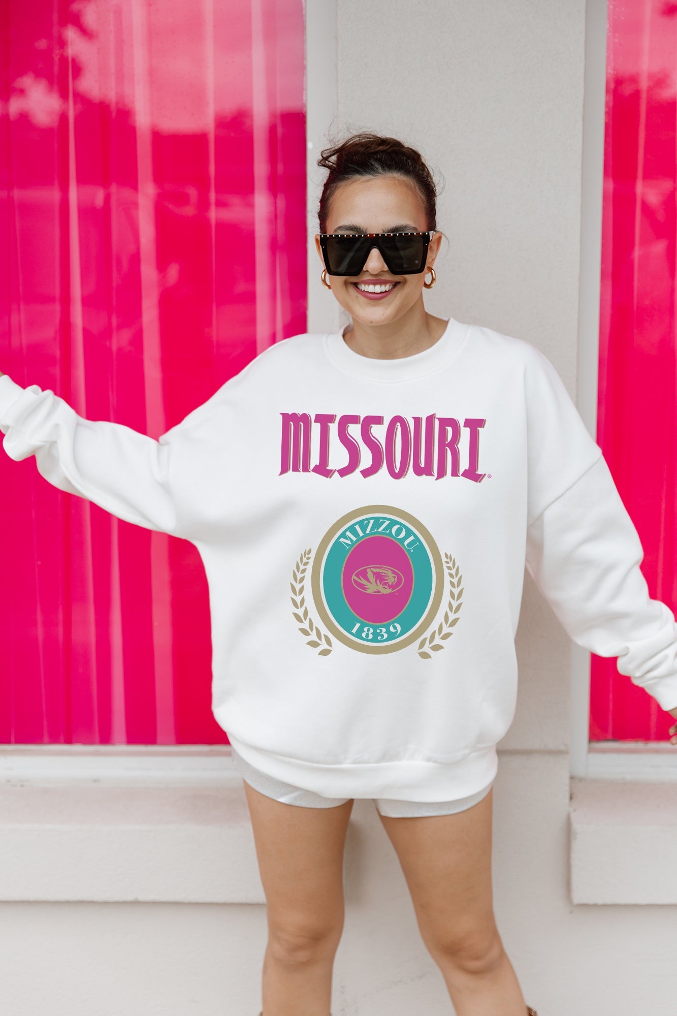 White Mizzou GOAL GETTER Oversized Crewneck Pullover - Front Graphic Close-Up On Model | Gameday Couture - SOHO