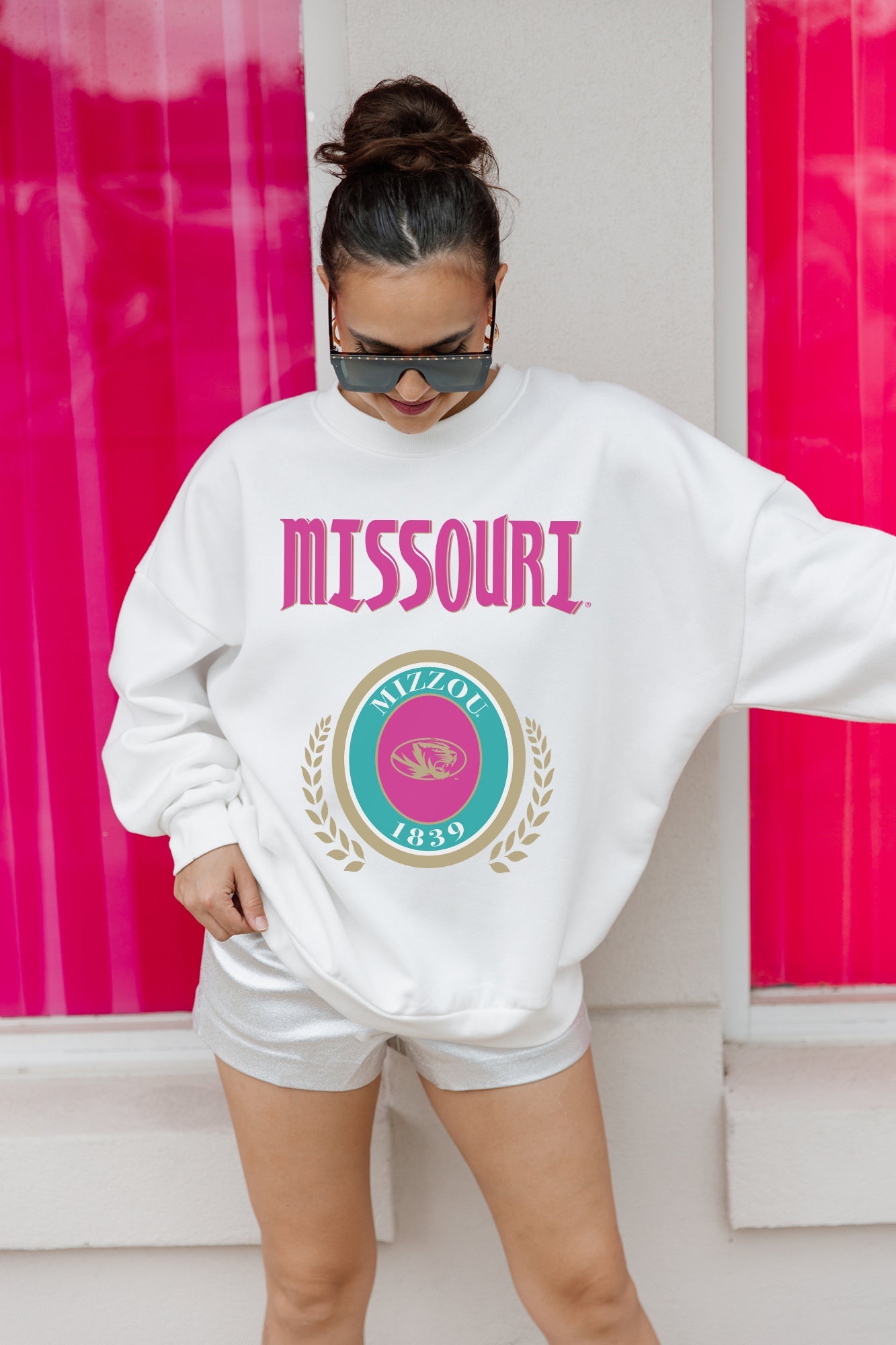 White Missouri Tigers GOAL GETTER Fleece Pullover - Styled Look with Fringe Boots On Model | Gameday Couture - SOHO