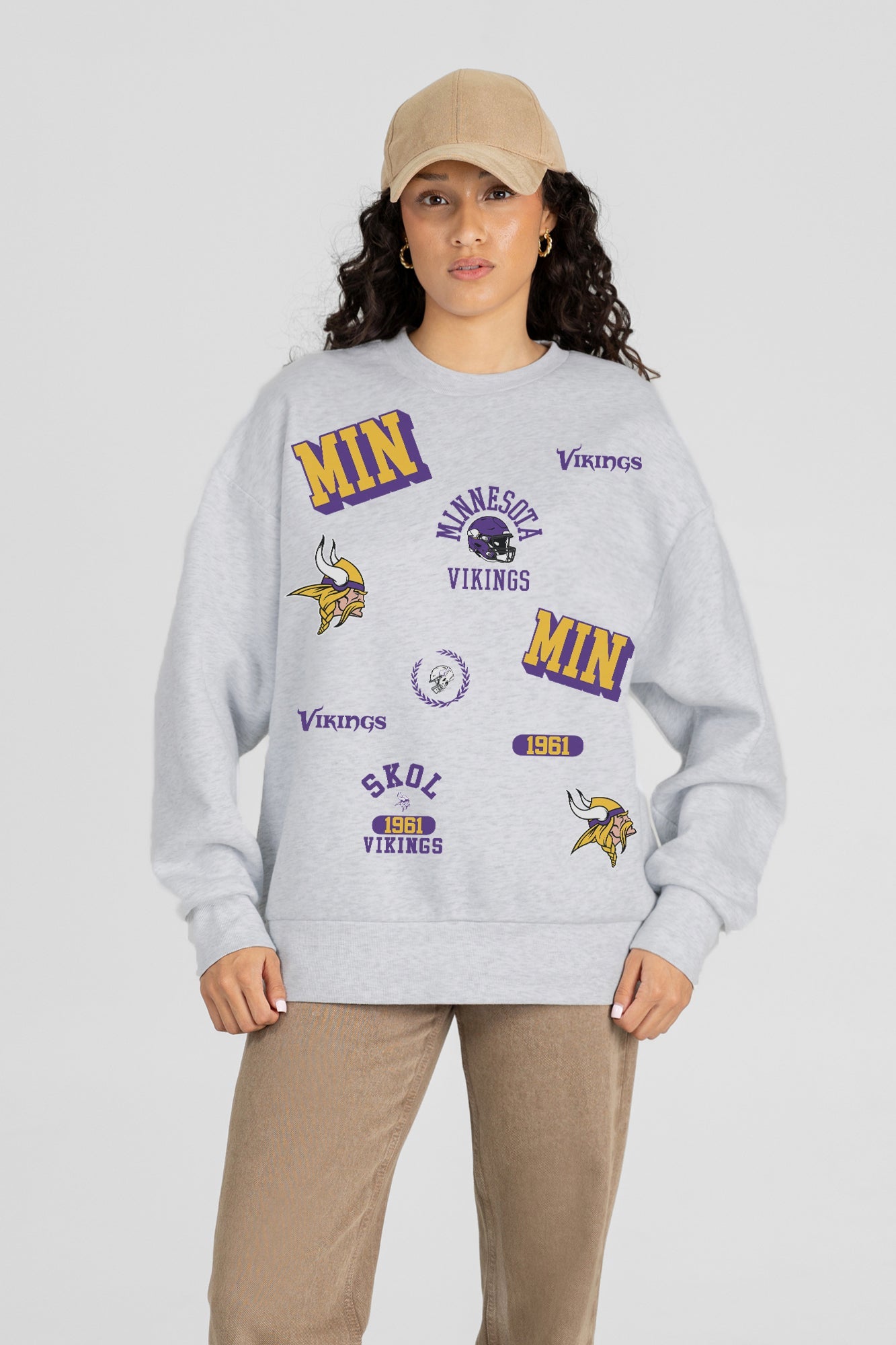 MINNESOTA VIKINGS ALL IN REPEAT PREMIUM FLEECE DROP SHOULDER CREWNECK PULLOVER