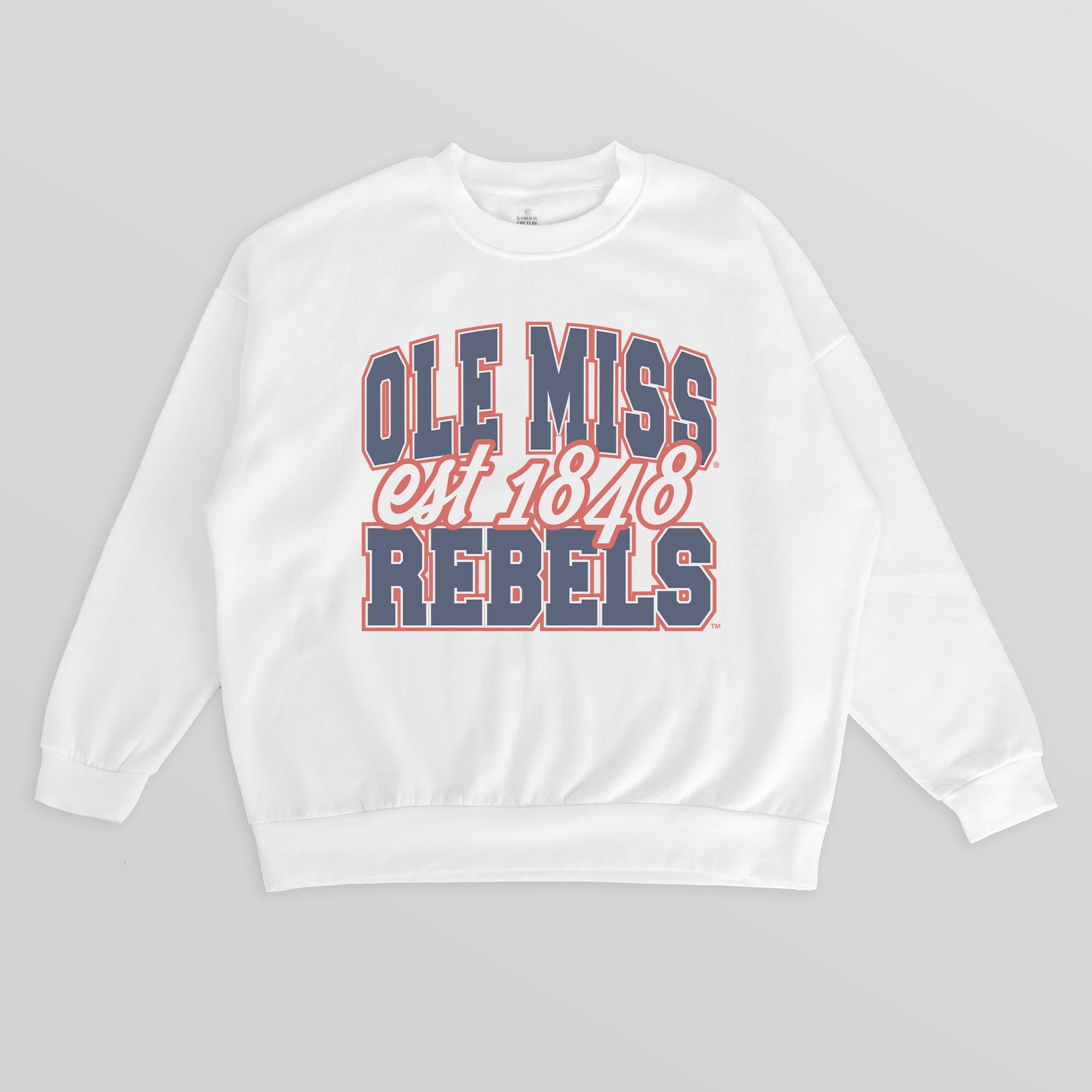 OLE MISS REBELS FADED FORMATION PREMIUM FLEECE DROP SHOULDER CREWNECK PULLOVER