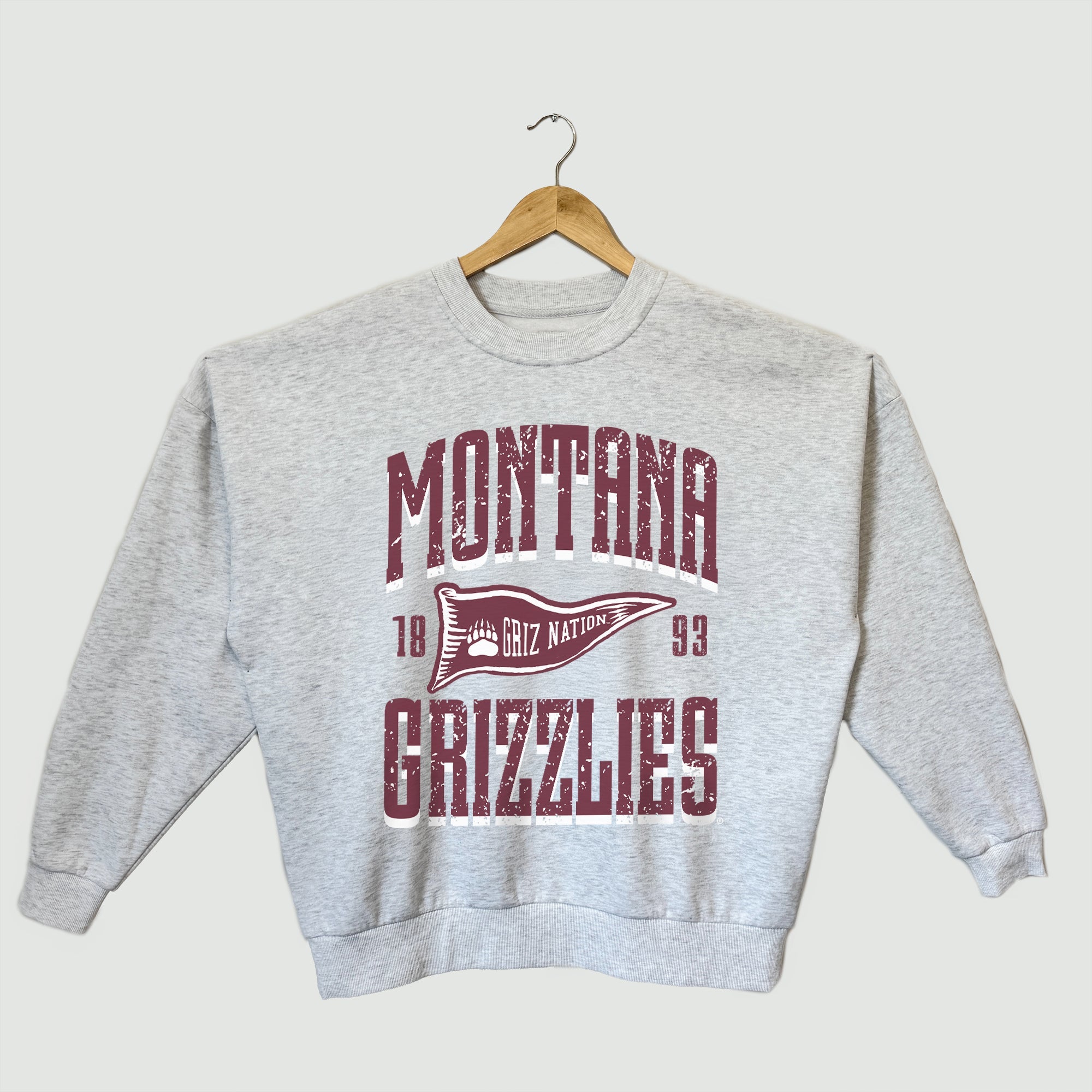 MONTANA GRIZZLIES PENNANT PRIDE PREMIUM FLEECE DROP SHOULDER CREWNECK PULLOVER