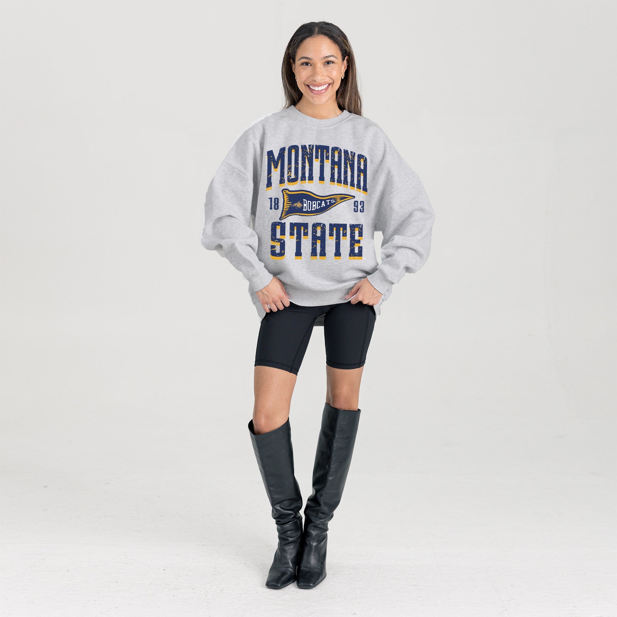 MONTANA STATE BOBCATS PENNANT PRIDE PREMIUM FLEECE DROP SHOULDER CREWNECK PULLOVER
