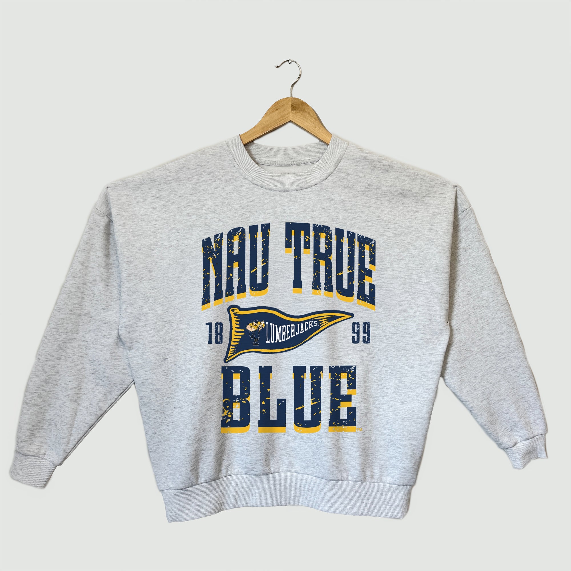 NORTHERN ARIZONA LUMBERJACKS PENNANT PRIDE PREMIUM FLEECE DROP SHOULDER CREWNECK PULLOVER