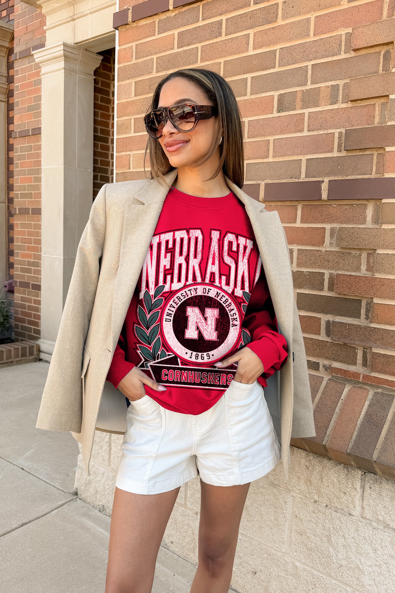 NEBRASKA CORNHUSKERS CLASSIC ARCHIVES PREMIUM DROP SHOULDER FLEECE CREWNECK PULLOVER