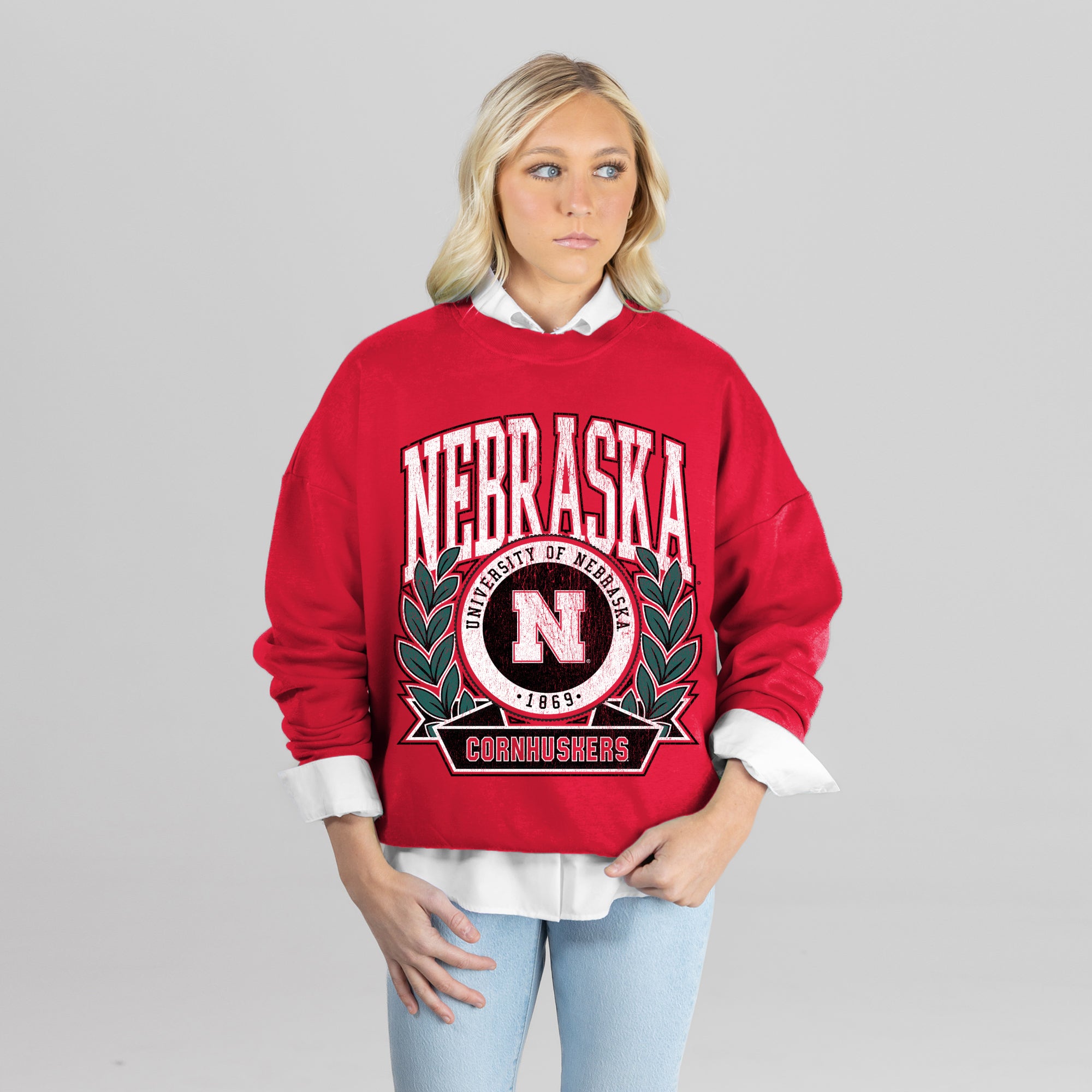 NEBRASKA CORNHUSKERS CLASSIC ARCHIVES PREMIUM DROP SHOULDER FLEECE CREWNECK PULLOVER
