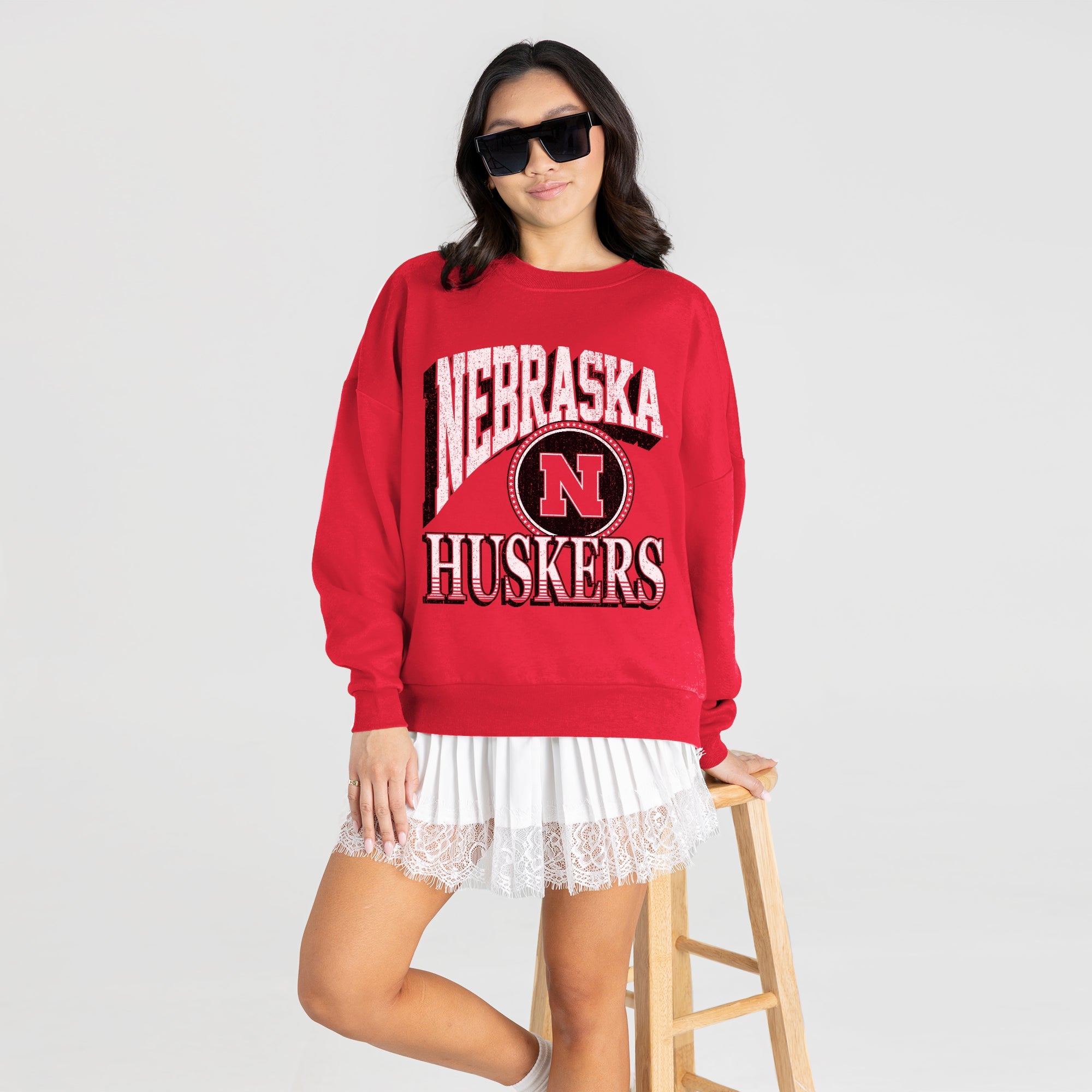 NEBRASKA CORNHUSKERS MAIN CHARACTER PREMIUM FLEECE DROP SHOULDER CREWNECK PULLOVER