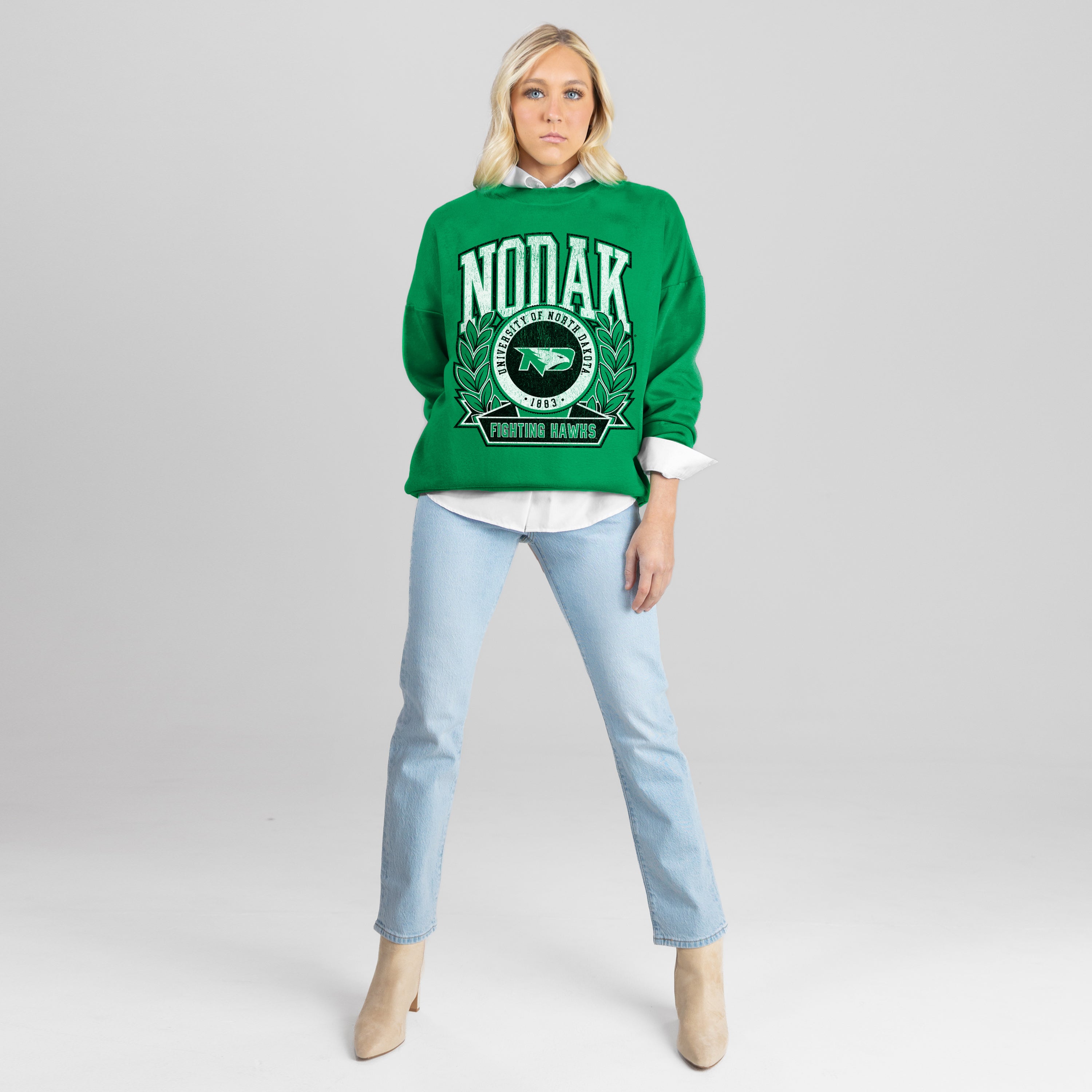 NORTH DAKOTA FIGHTING HAWKS CLASSIC ARCHIVES PREMIUM DROP SHOULDER FLEECE CREWNECK PULLOVER
